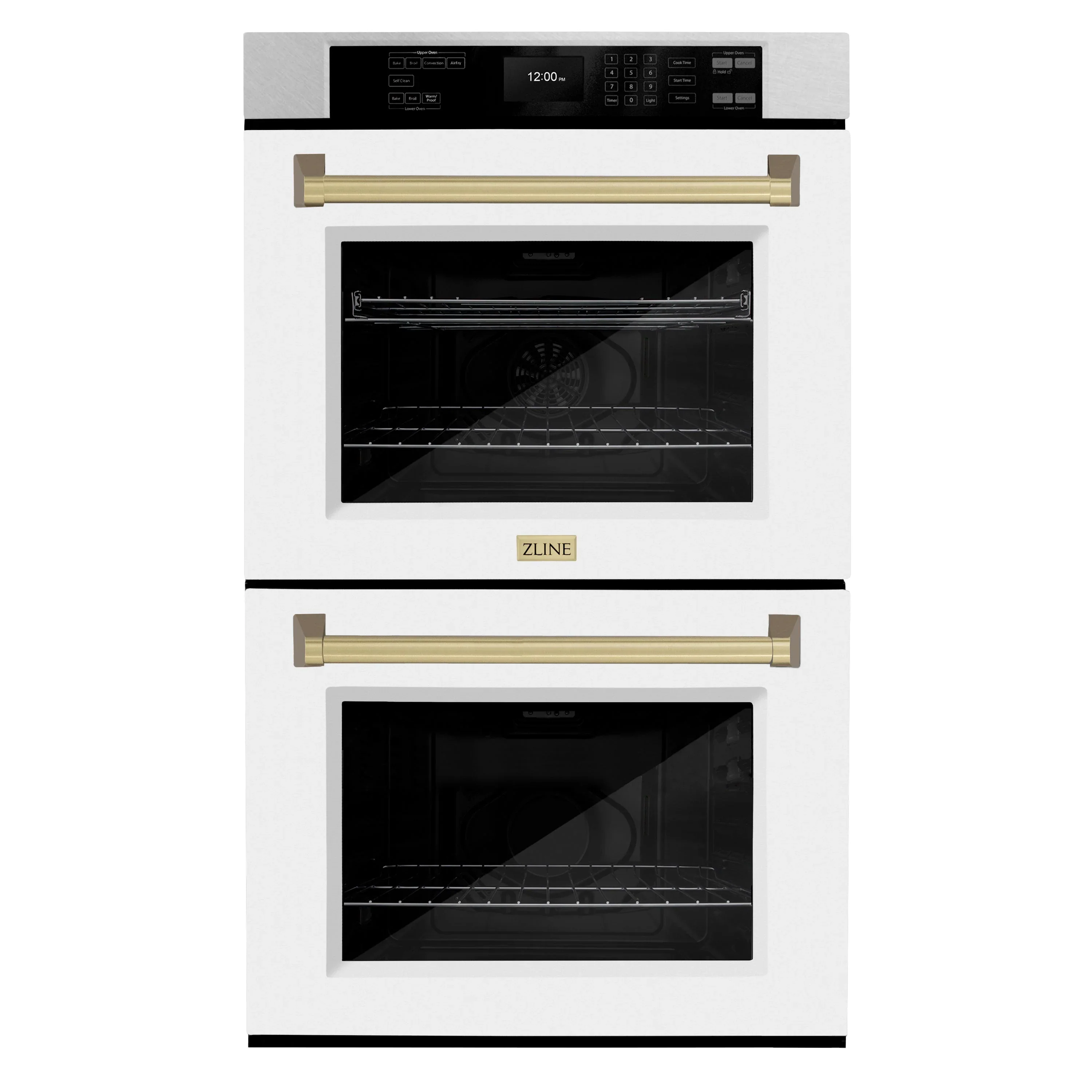 ZLINE 30-Inch Autograph Edition Professional True Convection Double Wall Oven with Air Fry and Self Clean in Satin Stainless Steel with White Matte Doors and Champagne Bronze Handles (WADSZ-WM-30-CB)