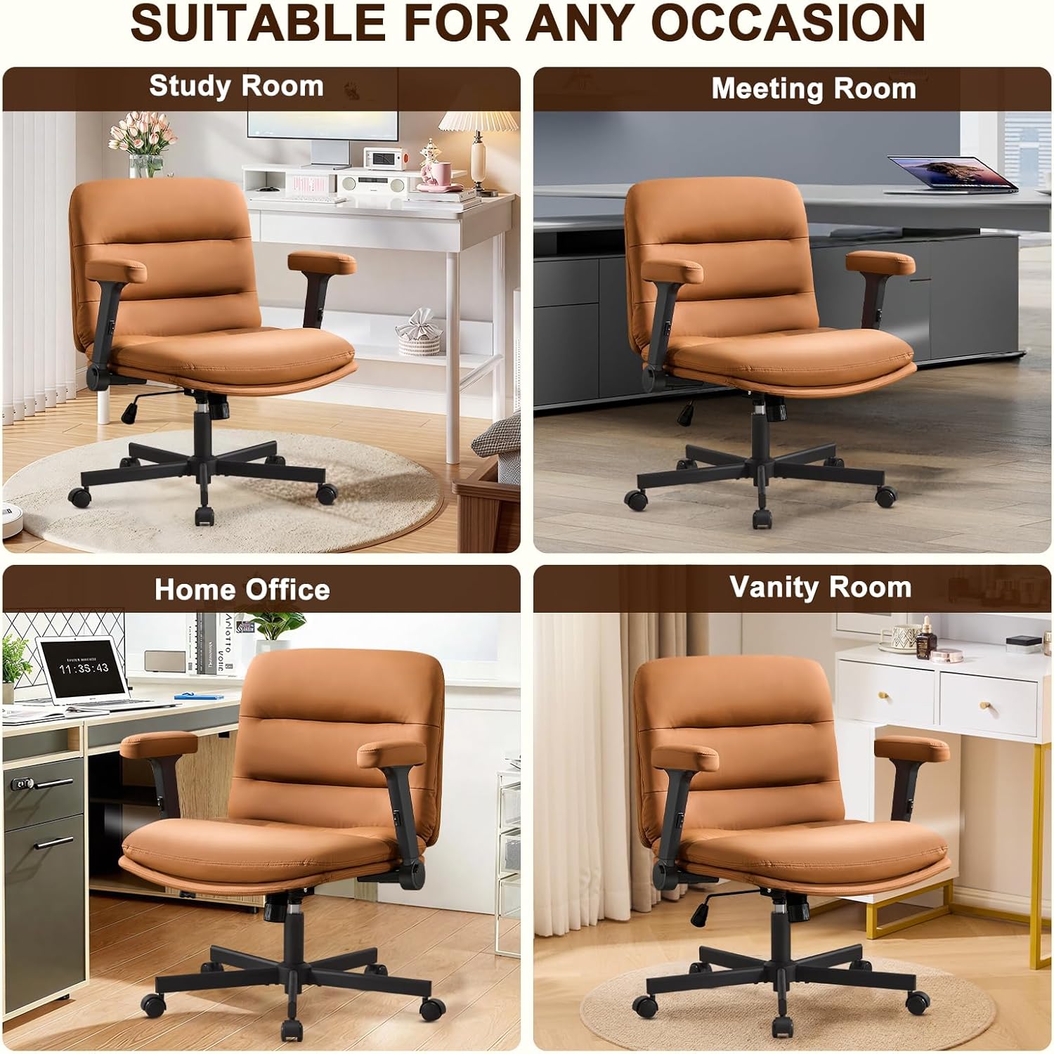 Furniliving Criss Cross Office Chair with Wheels and Flip-up Arms, Luxury Cat Scratch PU Leather Vanity Desk Chair, Upholstered Wide Cross Legged Chair for Home Office, Bedroom, Brown