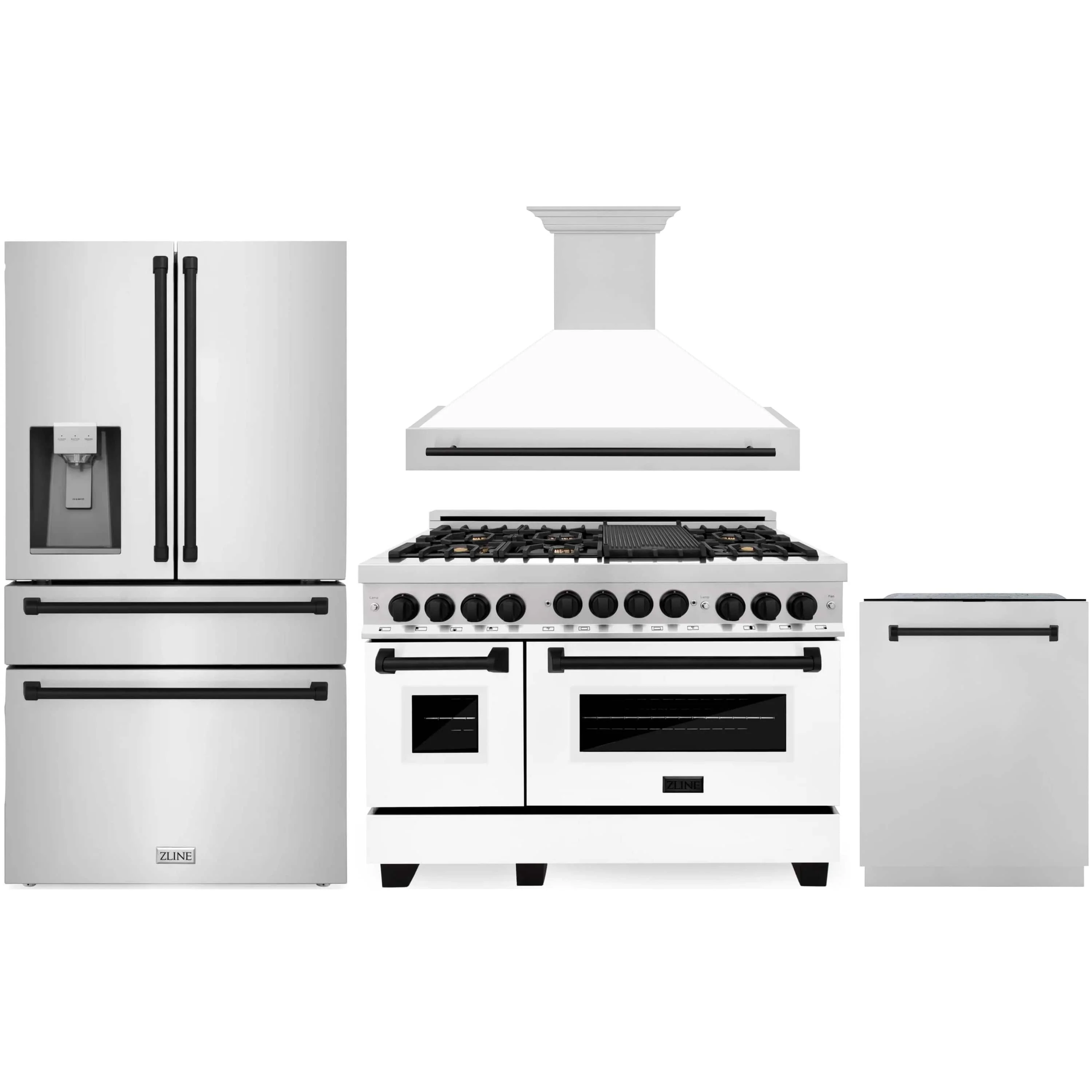 ZLINE Autograph Edition 4-Piece Appliance Package - 48-Inch Stainless Steel Gas Range, Refrigerator with Water Dispenser, Wall Mounted Range Hood, & 24-Inch Tall Tub Dishwasher in White Matte and Matte Black Accents (4AKPR-SGRWMRHDWM48-MB)