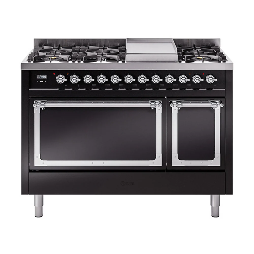 ILVE Nostalgie II Noblesse 48-Inch Dual Fuel Freestanding Range with Solid Door Oven in Glossy Black with Chrome Trim (UN48FQNMPBKC)