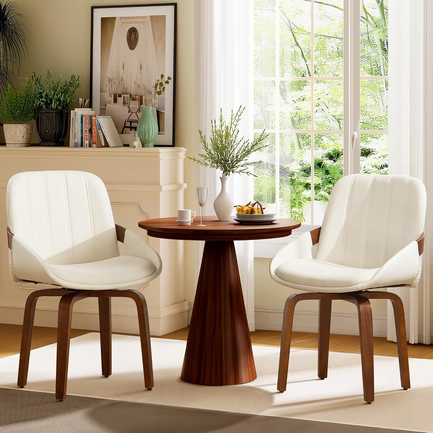 Swivel Dining Chairs,Faux Leather Dining Room Chairs with Arms, Mid Century Modern Upholstered Kitchen Vanity Accent Chair, Walnut Backrest Support & Sturdy Wood Legs (White, Set of 2)