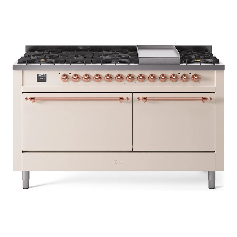 ILVE 60-Inch Nostalgie II Dual Fuel Range with 9 Burners, Griddle and Solid Door Oven in Antique White with Copper Trim (UP60FQNMPAWP)