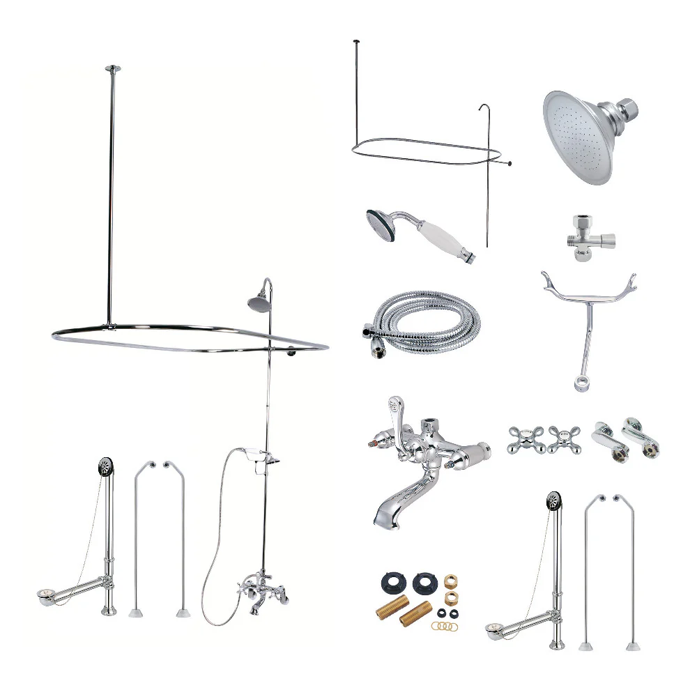 Kingston Bras Vintage Tub Wall Mount Clawfoot Tub Faucet Package with Shower Enclosure and Hand Shower, Polished Chrome (CCK1181AX)