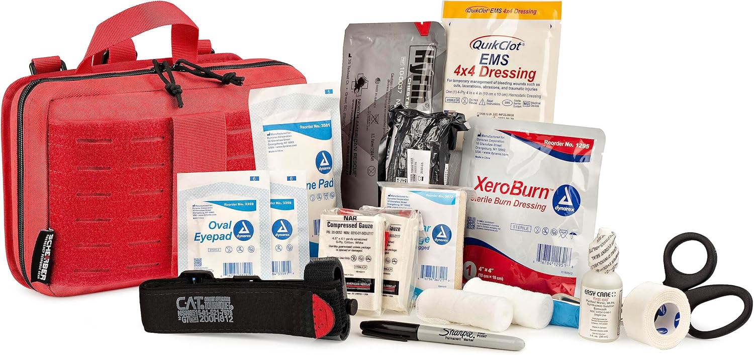 Scherber Vehicle IFAK Emergency Trauma Kit | 25+ Medical Supplies & Equipment, NAR Tourniquet & CPR Mask | Fully Stocked Rip Away Molle Pouch for Car, Home & Professional First Aid | Basic, Red