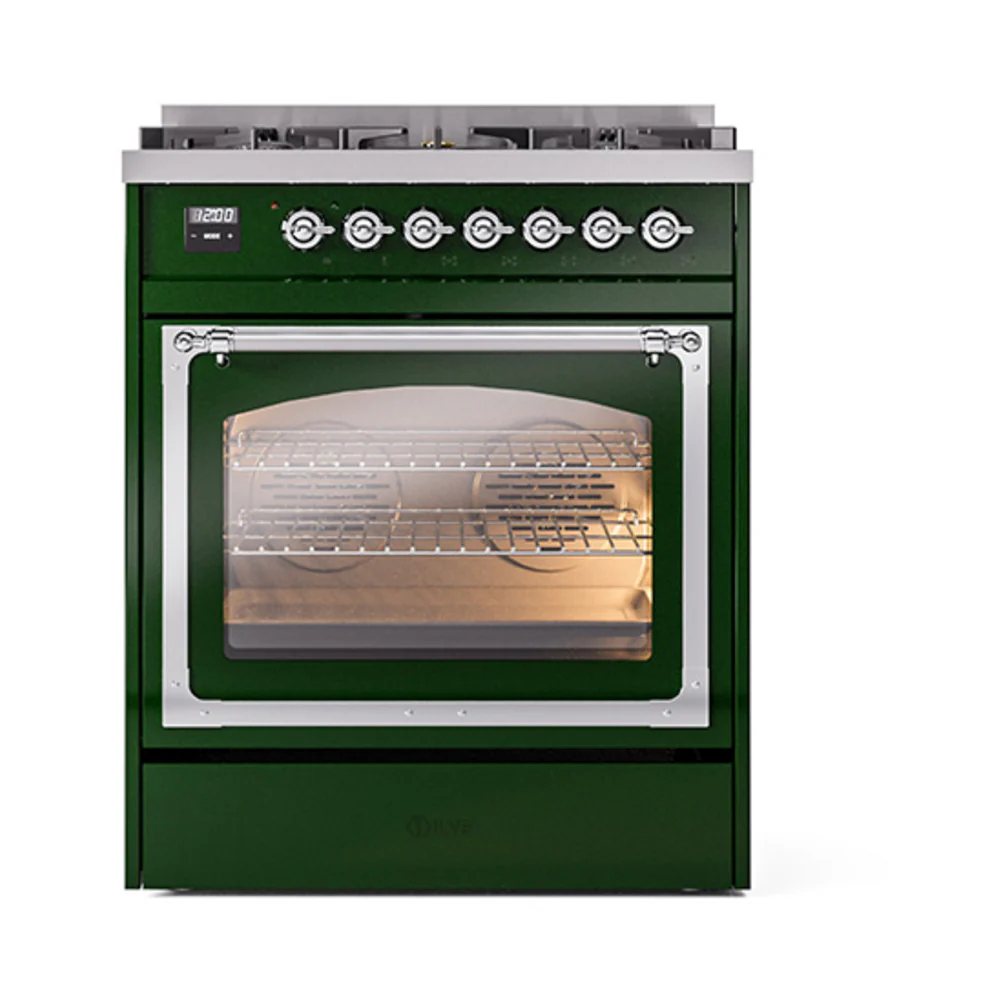 ILVE Nostalgie II Noblesse 30-Inch Dual Fuel Range with Triple Glass Door in Emerald Green with Chrome Trim (UN30NMPEGC)