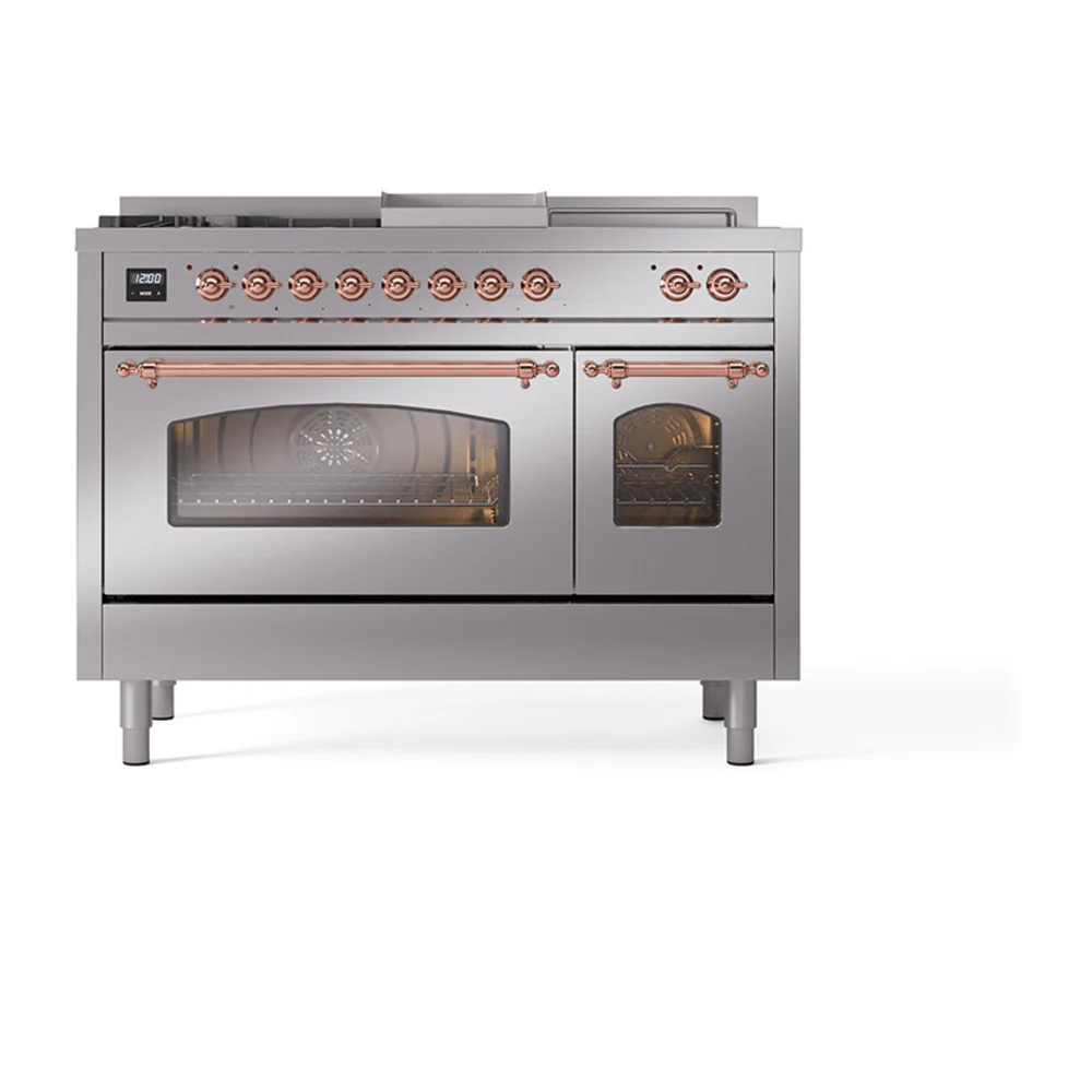 ILVE Nostalgie II 48-Inch Dual Fuel Range with 5 Burners, Griddle, & French Top with Triple Glass Door Oven in Stainless Steel with Copper Trim (UP48FSNMPSSP)