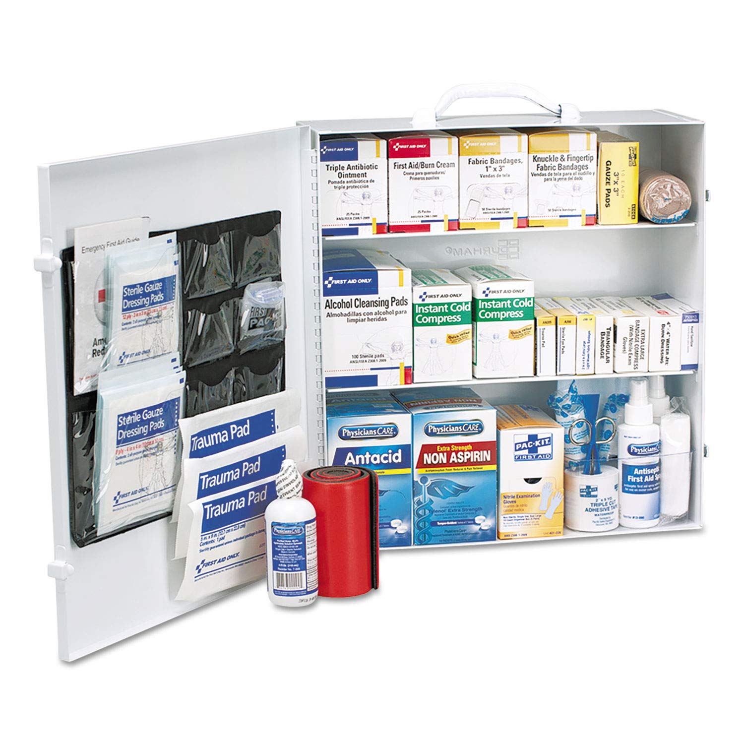First Aid Only 90575 3-Shelf ANSI B+ and OSHA-Compliant First Aid Kit, 100-150-Person Emergency First Aid Kit for Business and Worksite, First Aid Metal Cabinet with Medications, 676 Pieces