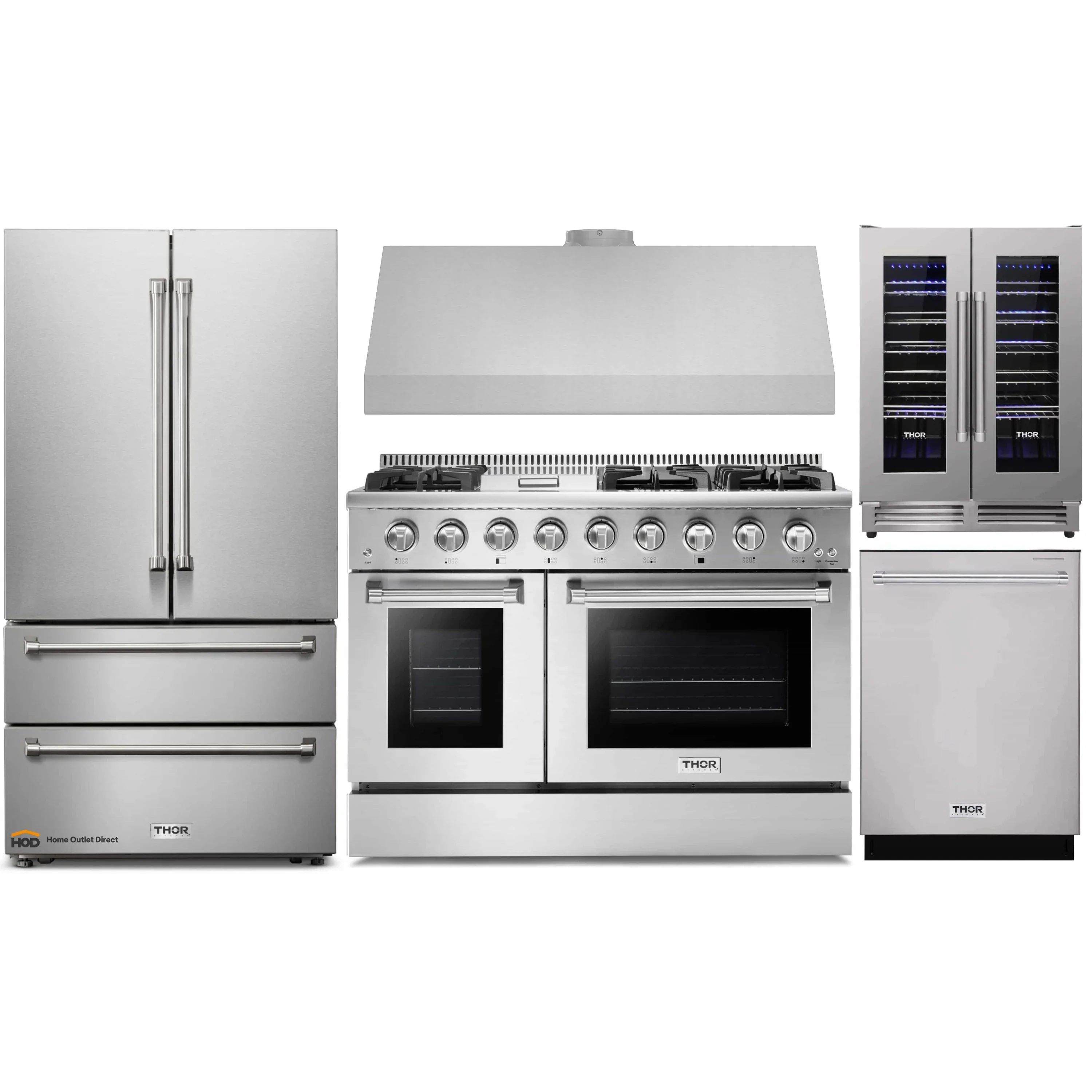 Thor Kitchen 5-Piece Pro Appliance Package - 48-Inch Gas Range, French Door Refrigerator, Dishwasher, Under Cabinet 11-Inch Tall Hood & Wine Cooler in Stainless Steel