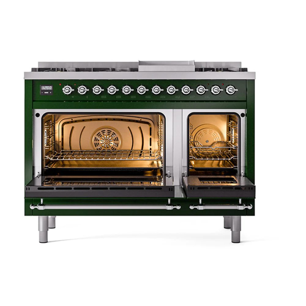 ILVE 48-Inch Nostalgie II Dual Fuel Range with 8 Burners, Griddle, and Solid Door Oven in Emerald Green with Chrome Trim (UP48FQNMPEGC)