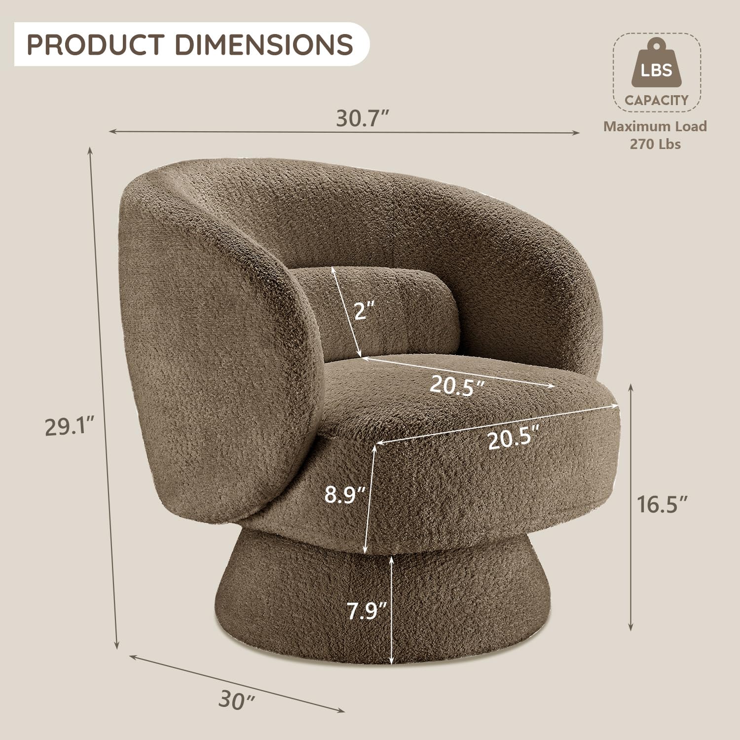 Swivel Accent Chair, Modern 360 Degree Swivel Barrel Chair with Arms & Curved Back and Lumbar Support Cushion, Comfy Round Single Boucle Sofa for Small Space, Living Room, Bedroom, Brown