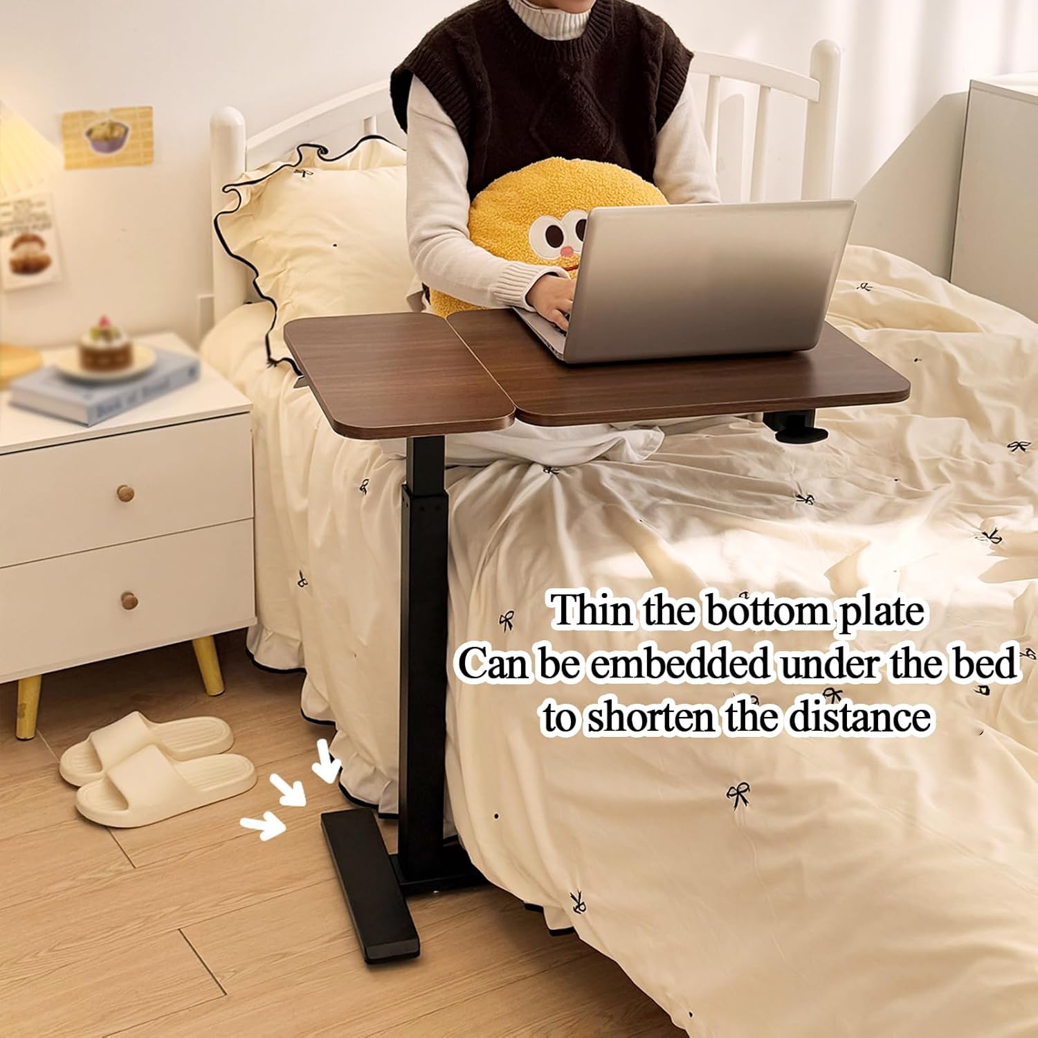 ELQ Adjustable Over Bed Table with Hidden Casters, Tiltable Hospital Bed Table with Wheels, Rolling Laptop Desk for Home, Office, Study, Walnut（27.6