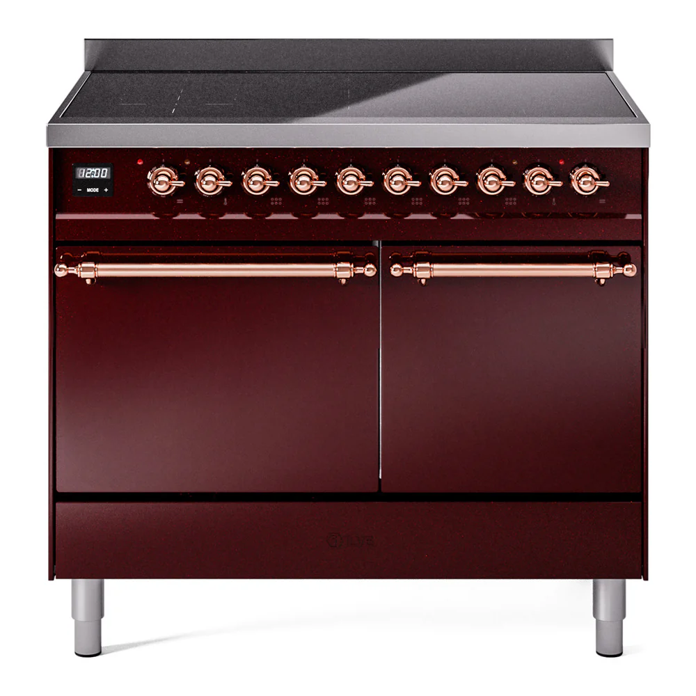 ILVE 40-Inch Nostalgie II Induction Range with Solid Door Oven in Burgundy with Copper Trim (UPDI406QNMPBUP)