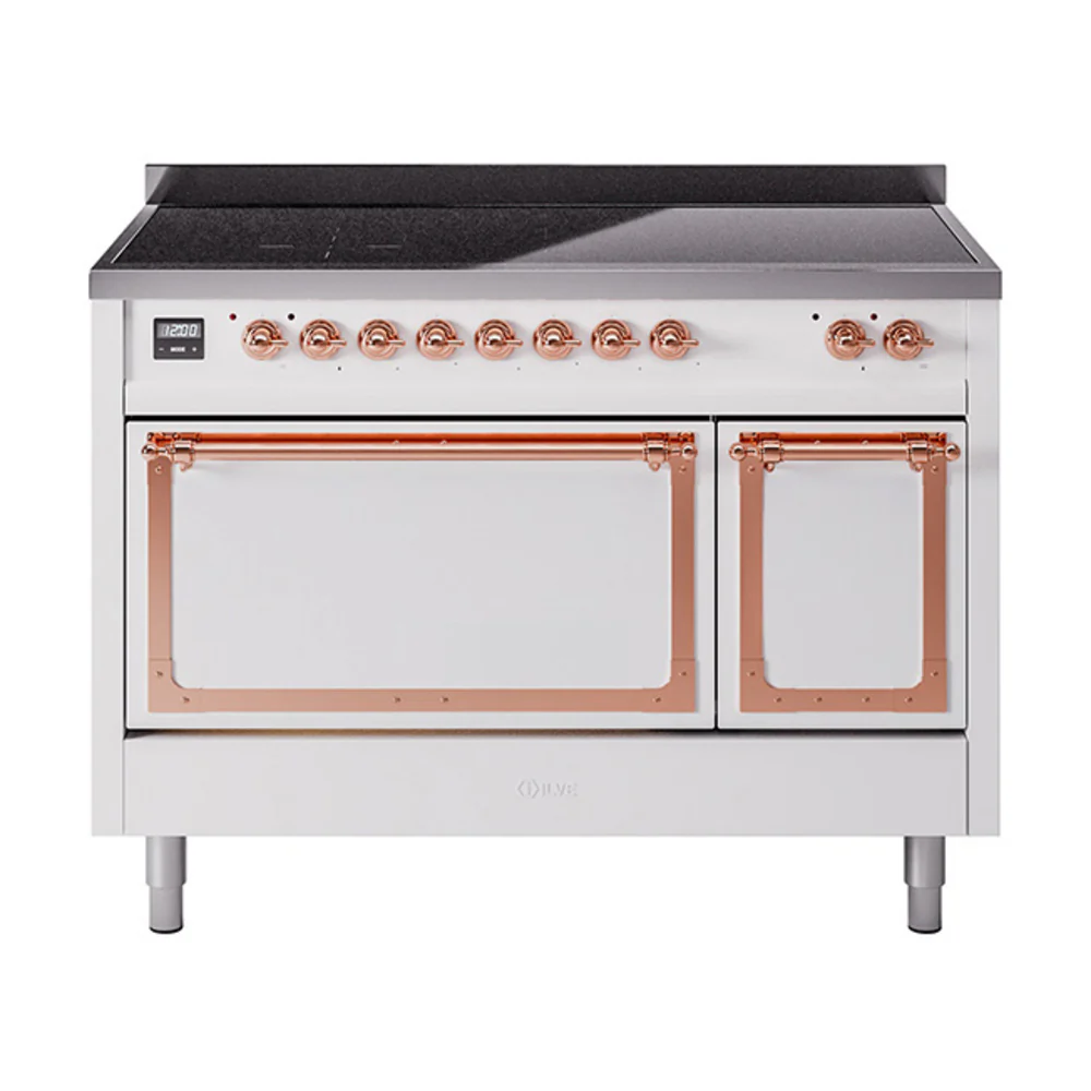 ILVE Nostalgie II Noblesse 48-Inch Induction Range with Solid Door Oven in White with Copper Trim (UNI486QNMPWHP)