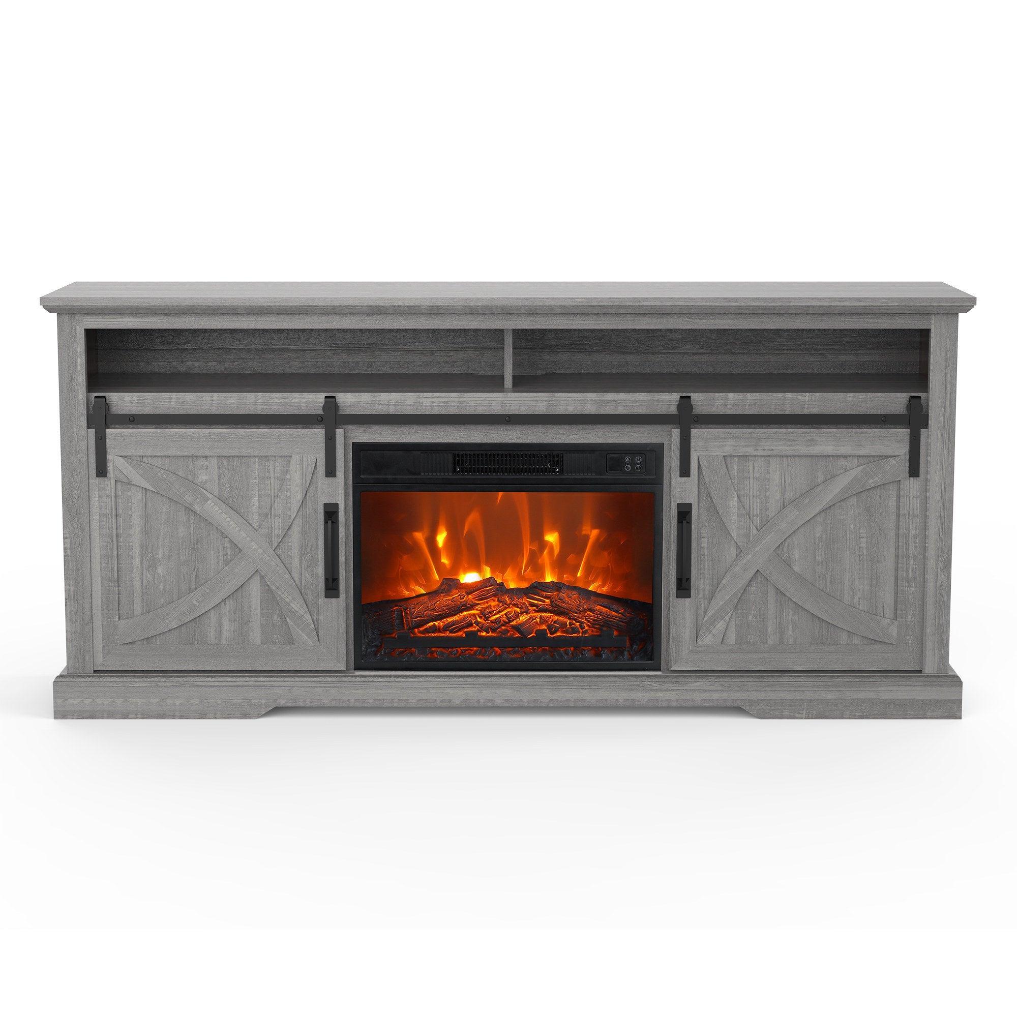 Parrot Uncle 68-Inch Farmhouse TV Stand with 23-Inch Insert Opening Electric Fireplace