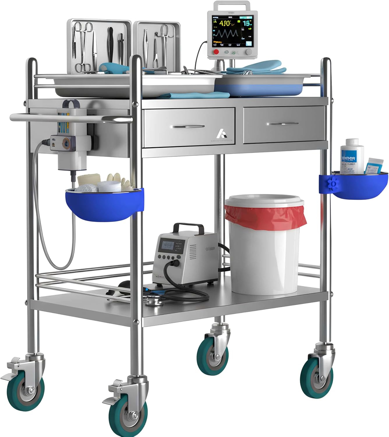 *Improved & Upgraded* Medical Stainless Steel 2 Tier Rolling Cart with Wheels and Drawers | Dental Hospital Nursing Trolley | Easy-to-Disinfect Phlebotomy Mobile Workstation