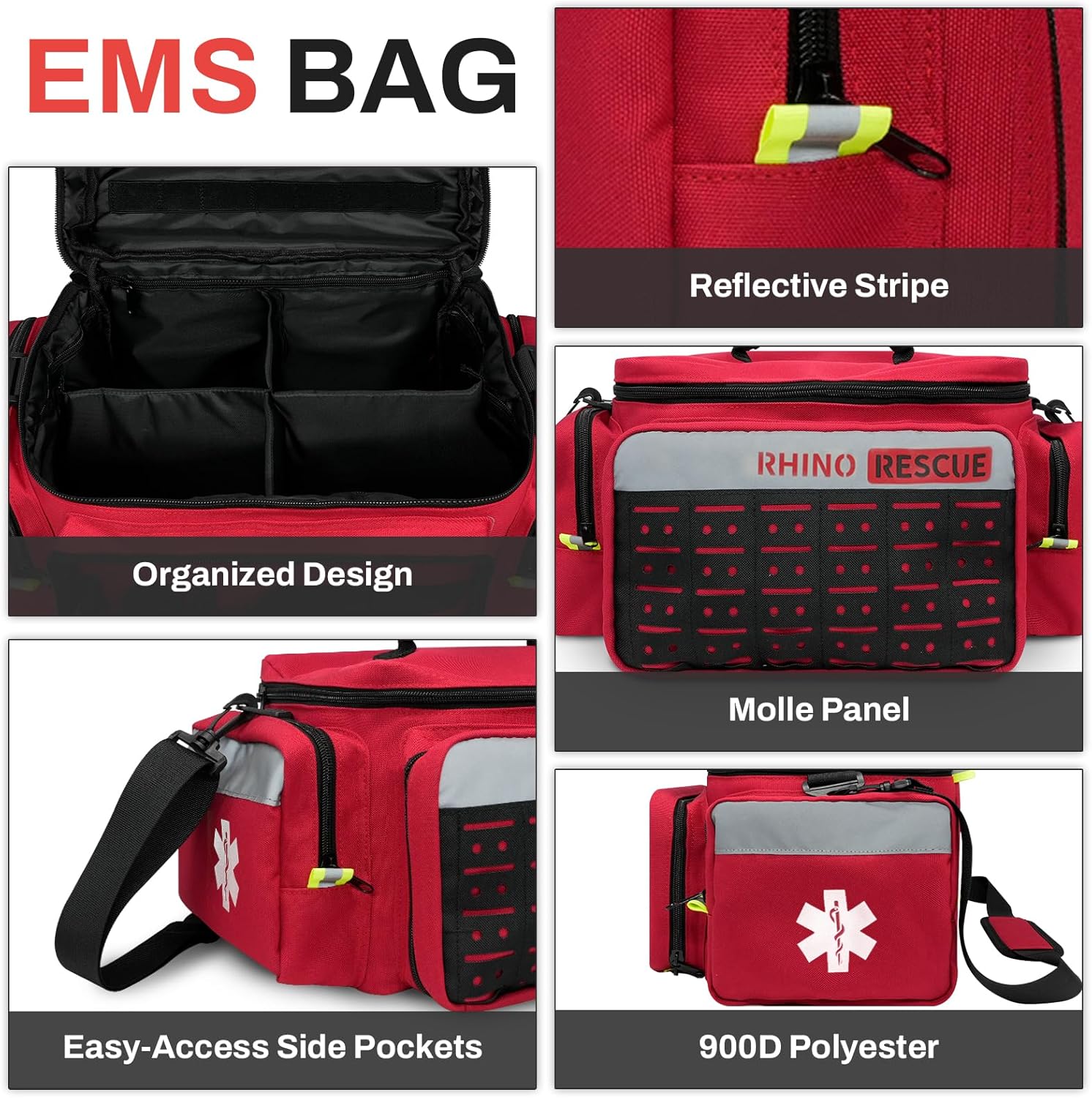 RHINO RESCUE First Responder First Aid Kit Fully-Stocked EMT Bag, Professional EMT/EMS Trauma Medical Kit, Molle System & Reflective Stripe, 300+ First Aid Supplies, Suits for Business, Home (Red)