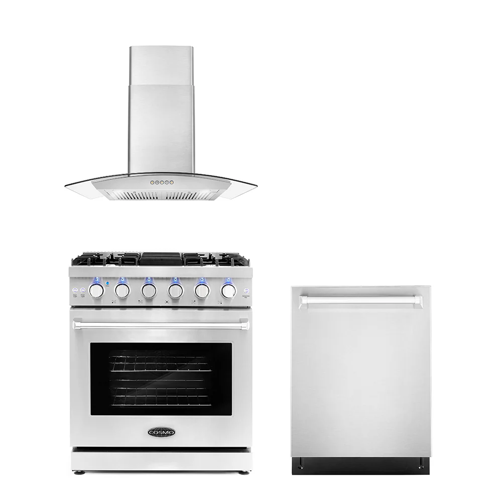Cosmo 3 - Piece Appliance Package - 30-Inch Gas Range, 30-Inch Wall Mount Range Hood and 24-Inch Dishwasher (COS-3PKG-018)