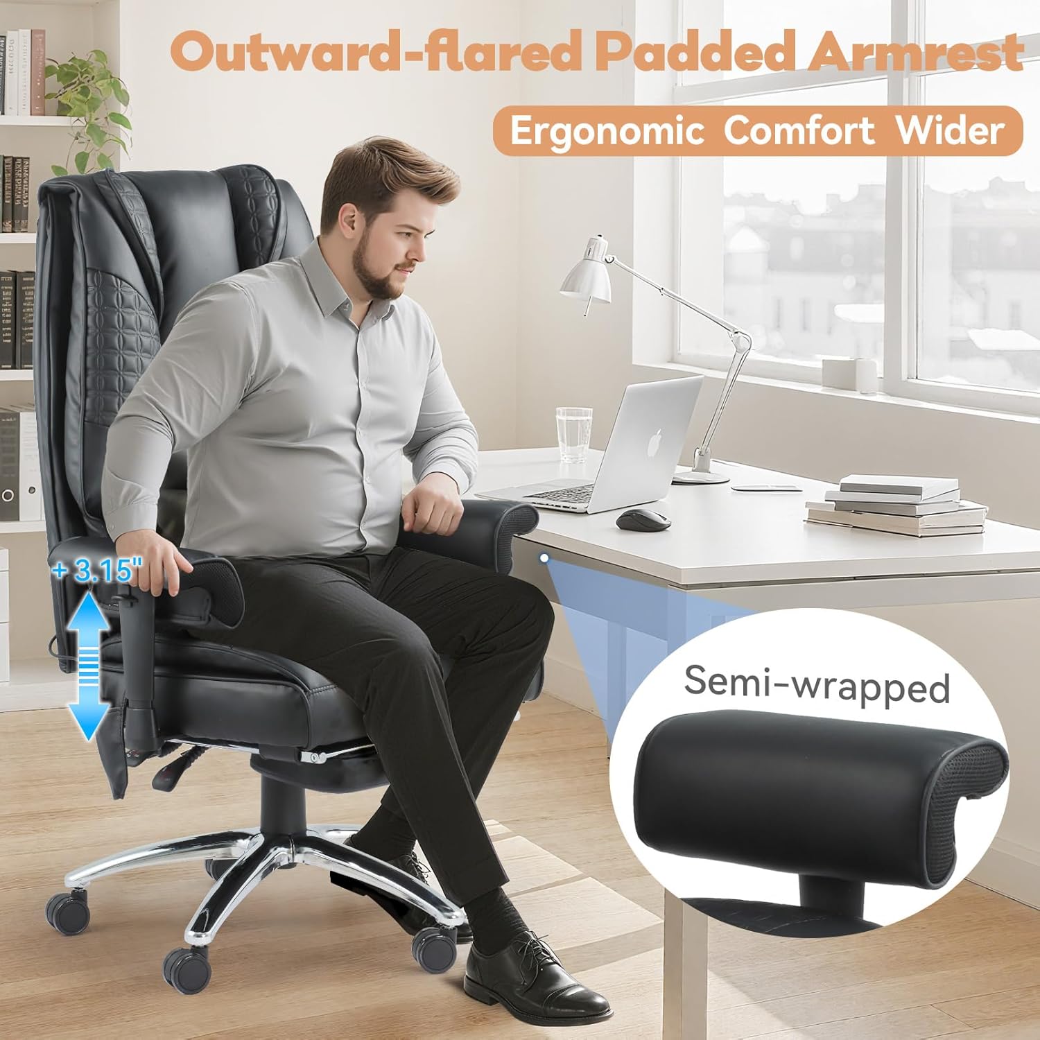 Vibrate Massage & Heating Office Chair with Foot Rest, Executive Office Chair with Reclining Backrest, Adjustable Arms & Lumbar Support, High Back Leather Desk Chairs for Home Office, Black