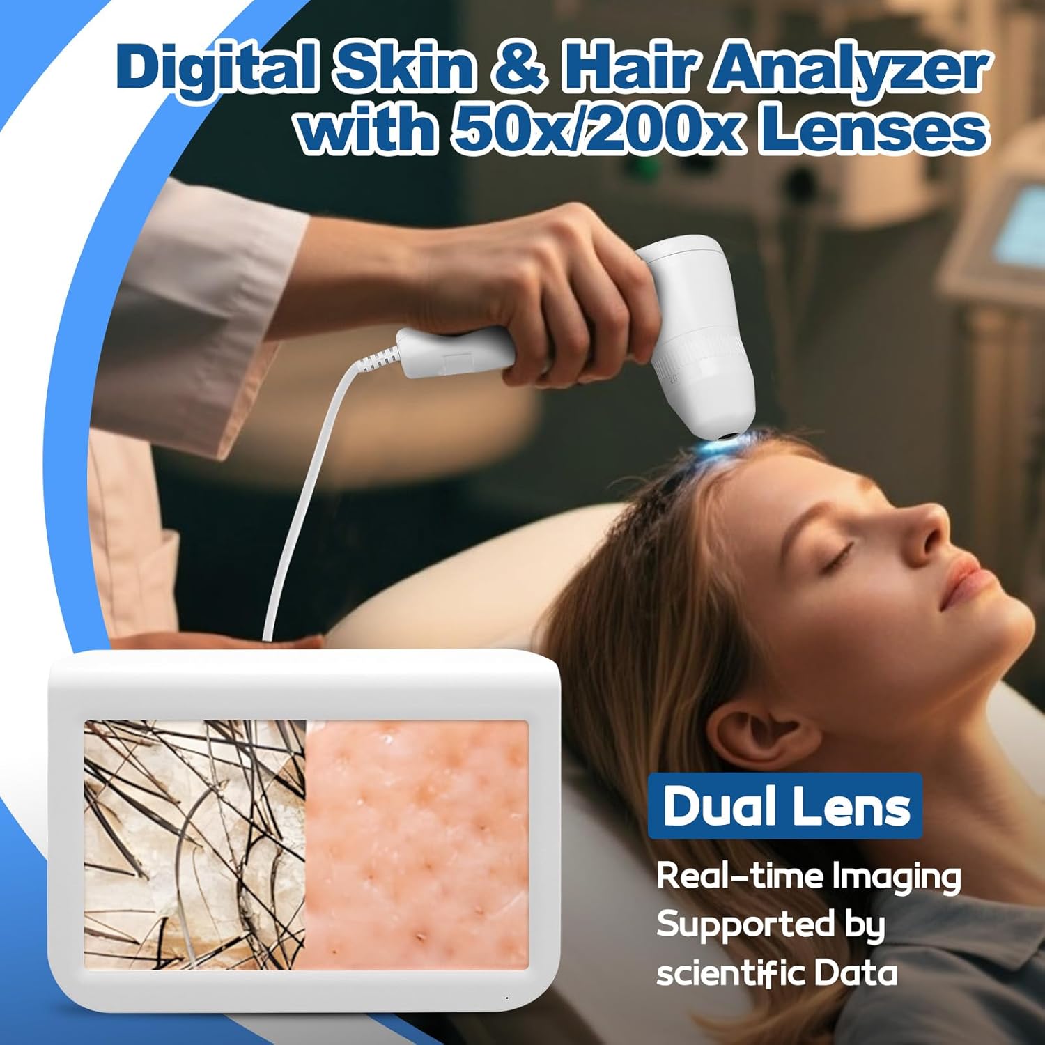 Scalp Detector, 10.2 Inch 50X 200X Lens Rechargeable Skin Scalp Detector, Multi‑Functional Digital Hair Skin Analyzer, High Sensitivity Hair Follicle Detector for Home & Salon Use