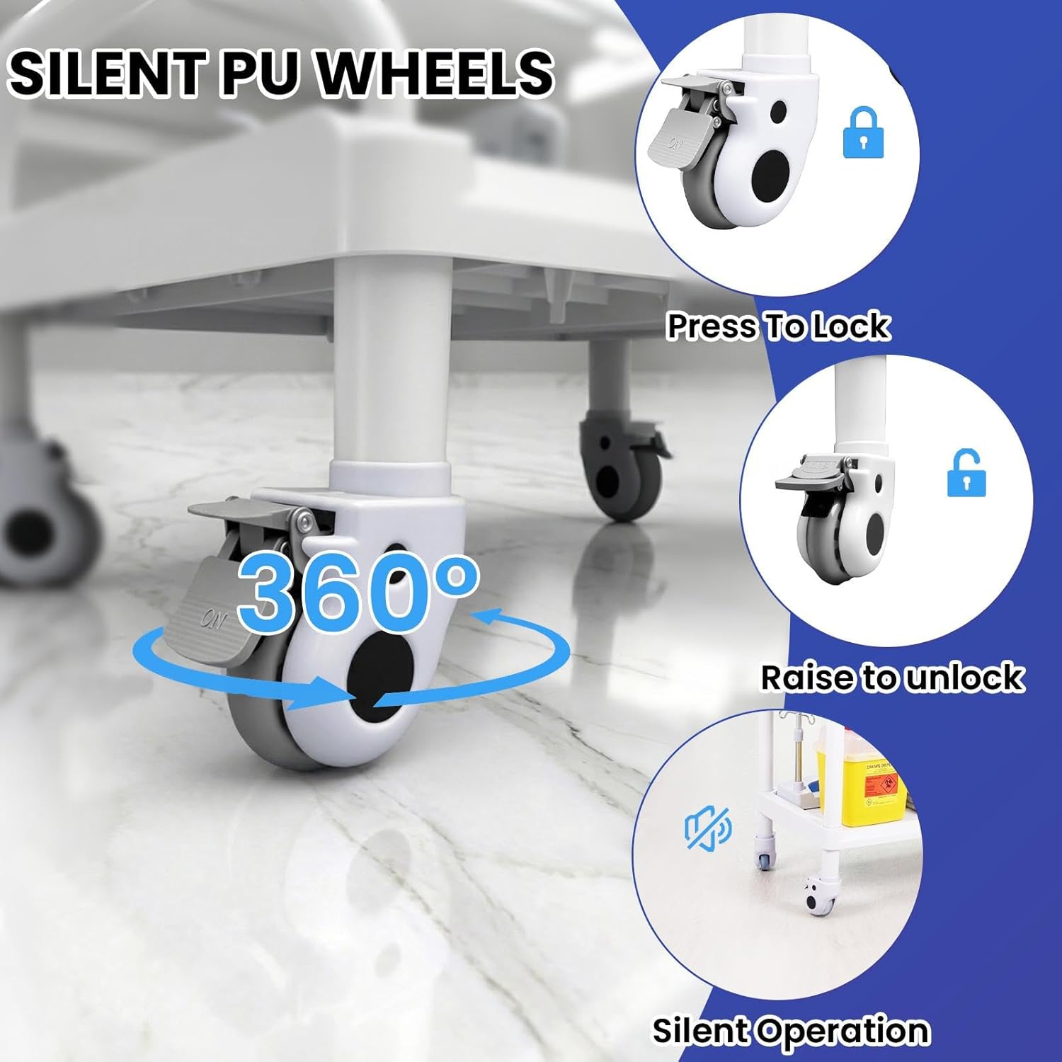 540 lbs Medical Cart, Postpartum Carts, Esthetician Cart 3-Tier – 2 Drawers, 3 Baskets & 3 Trash Cans, Heavy-Duty ABS Build, 360° Silent Wheels for Dental, Beauty, Home