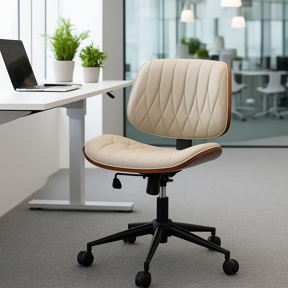 Armless Desk Chair, Mid-Century Modern Office Chair no Arms, Vanity Chair, PU Leather Computer Task Chairs for Home Small Space, Quilted Upholstery Bentwood Frame, Swivel with Wheels, Cream