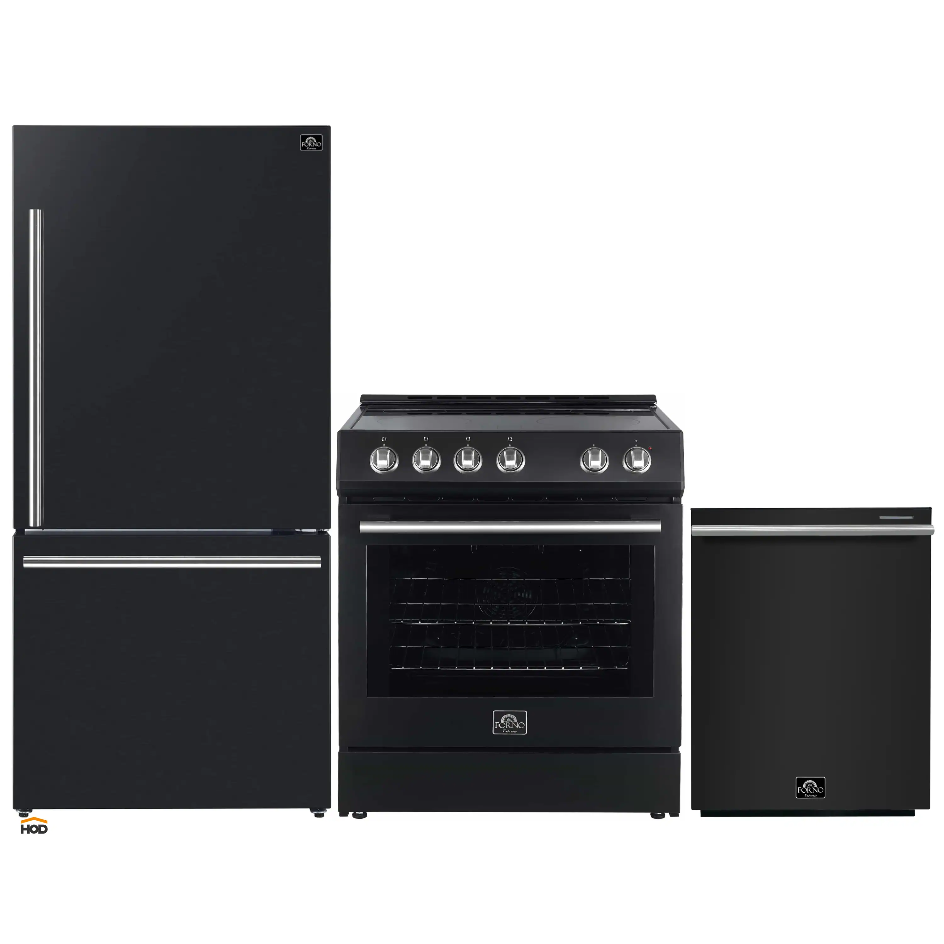 Forno 3-Piece Appliance Package - 30-Inch Leonardo Espresso Electric Range, Refrigerator, & Dishwasher in Black with Stainless Steel Handle (FBDL-007-02US)
