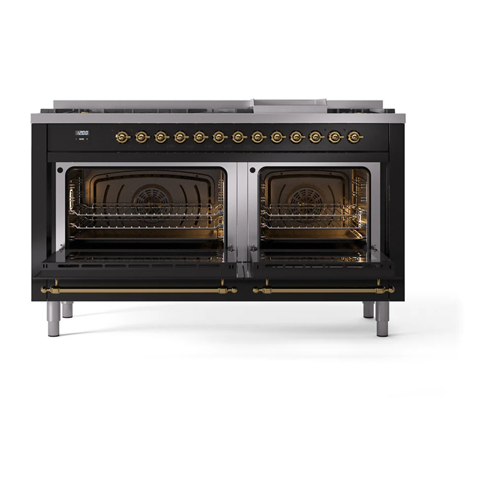 ILVE 60-Inch Nostalgie II Noblesse Dual Fuel Range with 9 Sealed Burners, Griddle, and Solid Door Oven in Glossy Black with Brass Trim (UN60FQNMPBKG)