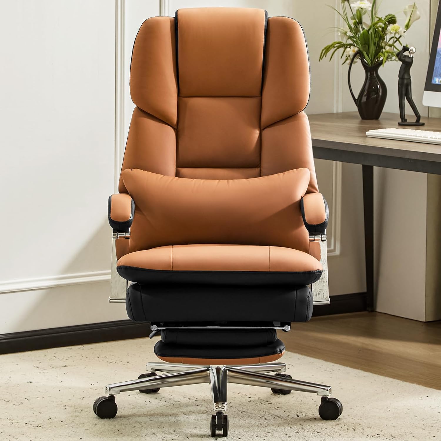 Furniliving Executive Leather Office Chair with Footrest, Big and Tall Office Chair 500lbs,Wide Seat Reclining Desk Chair with Lumbar Support, Armrest, Brown