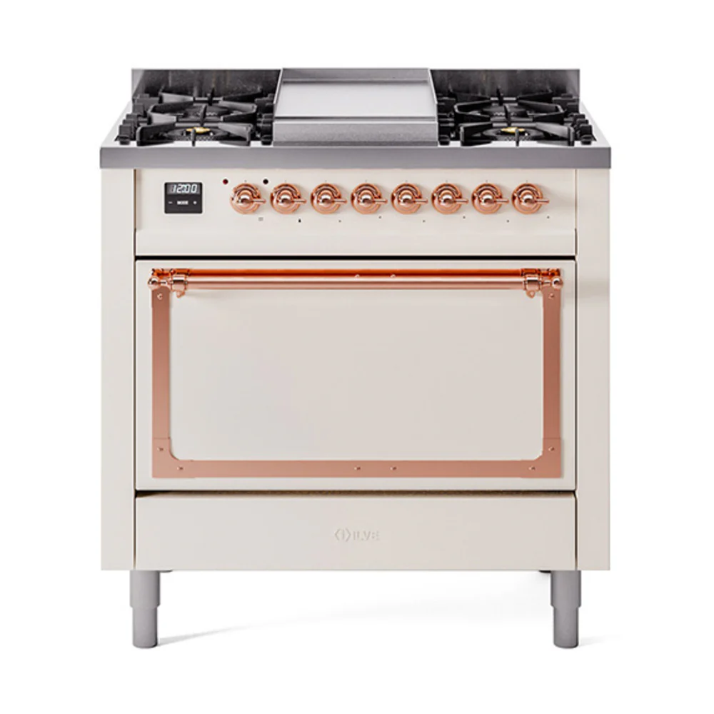 ILVE Nostalgie II Noblesse 36-Inch Dual Fuel Range and Solid Door Oven in Antique White with Copper Trim (UN36FQNMPAWP)
