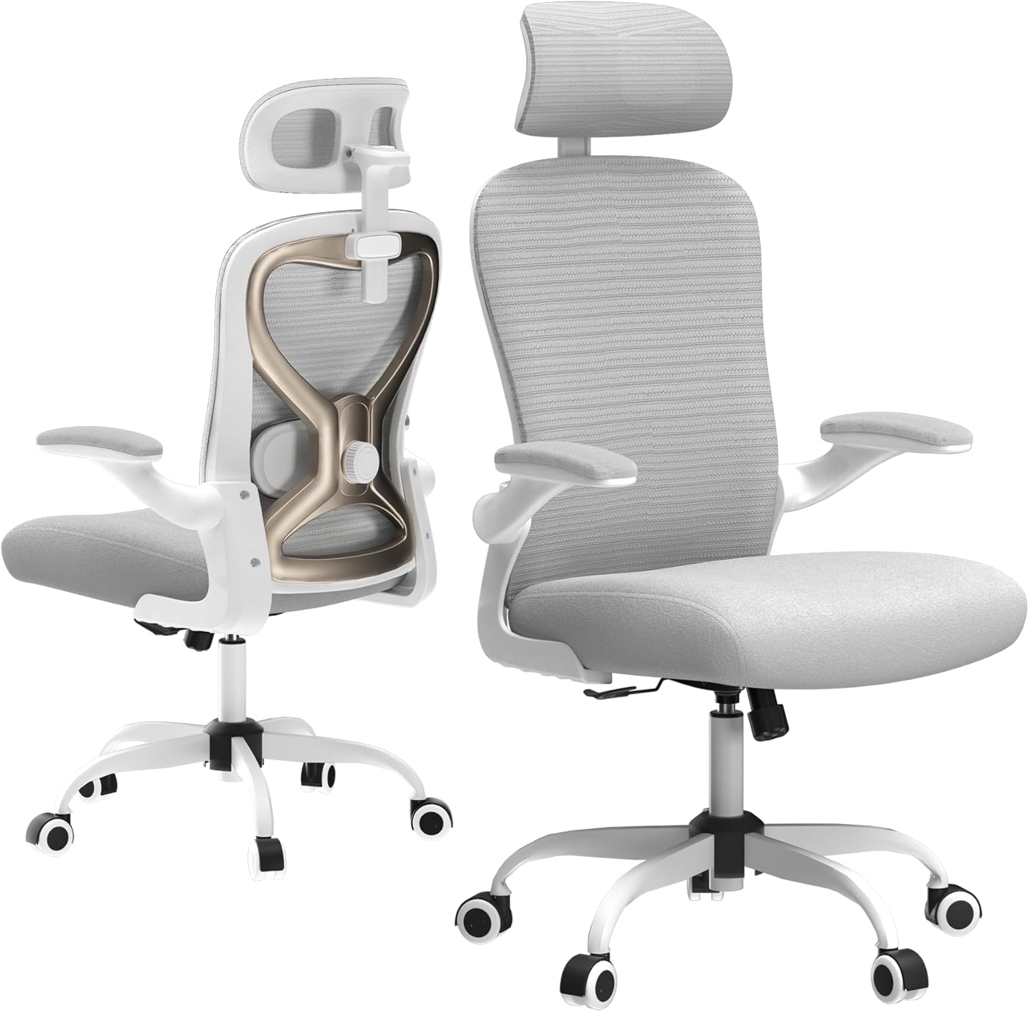 Home Office Desk Chairs, Ergonomic Office Chair with Lumbar Support & 3D Headrest, Computer Desk Chair with Flip-up Armrests, Perfect for Office or Study, Gray/Gold