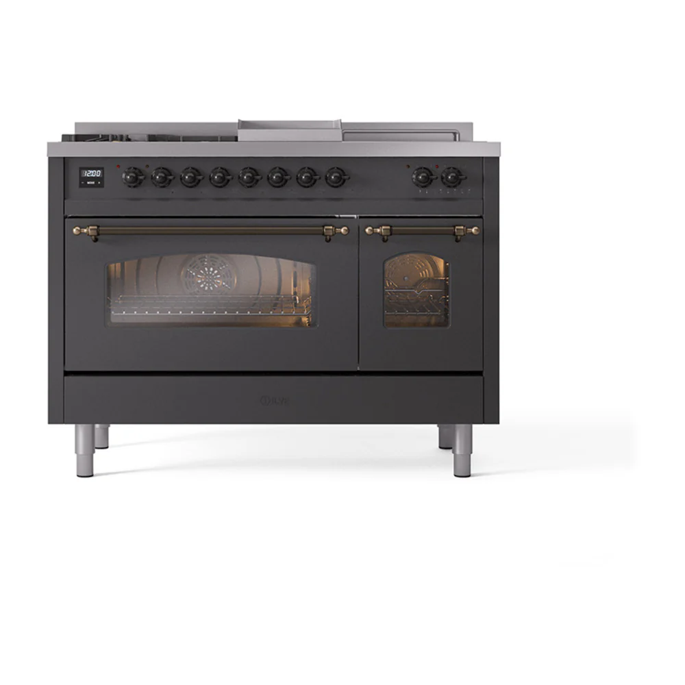 ILVE Nostalgie II 48-Inch Dual Fuel Range with 5 Burners, Griddle, & French Top with Triple Glass Door Oven in Matte Graphite with Bronze Trim (UP48FSNMPMGB)