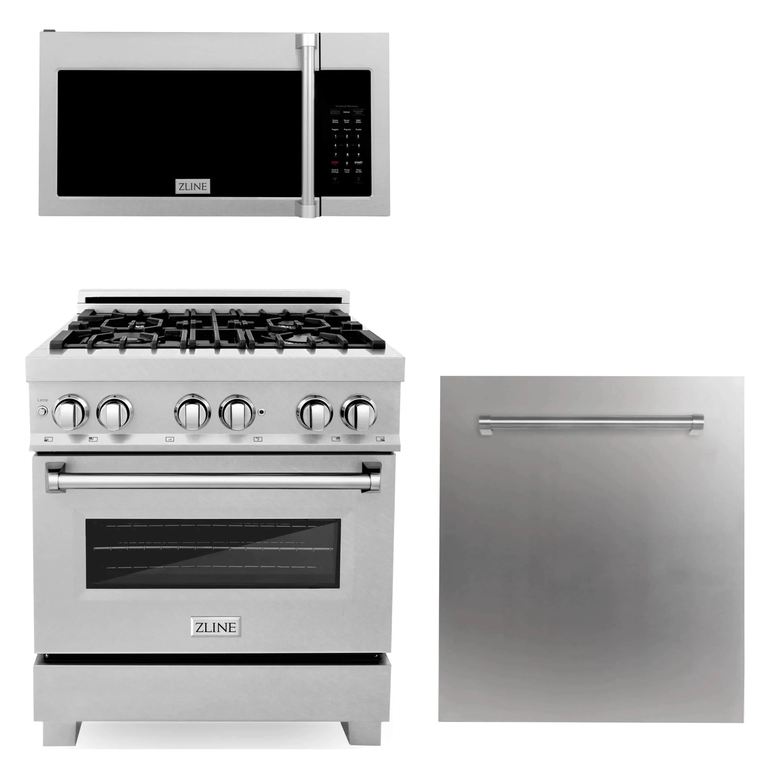 ZLINE 3-Piece Appliance Package - 30-Inch Dual Fuel Range, Microwave Oven and Dishwasher in Satin Stainless Steel (3KP-RASOTRHDW30)