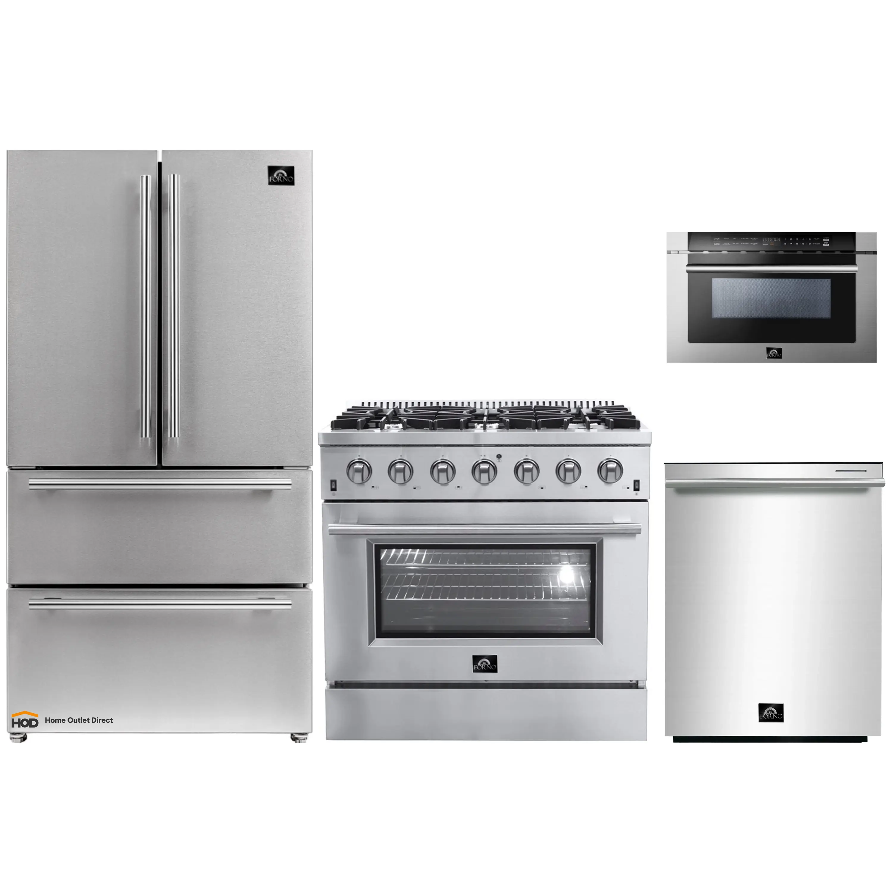 Forno 4-Piece Appliance Package - 36-Inch Gas Range, Refrigerator, 24-Inch Microwave Drawer, & 3-Rack Dishwasher in Stainless Steel