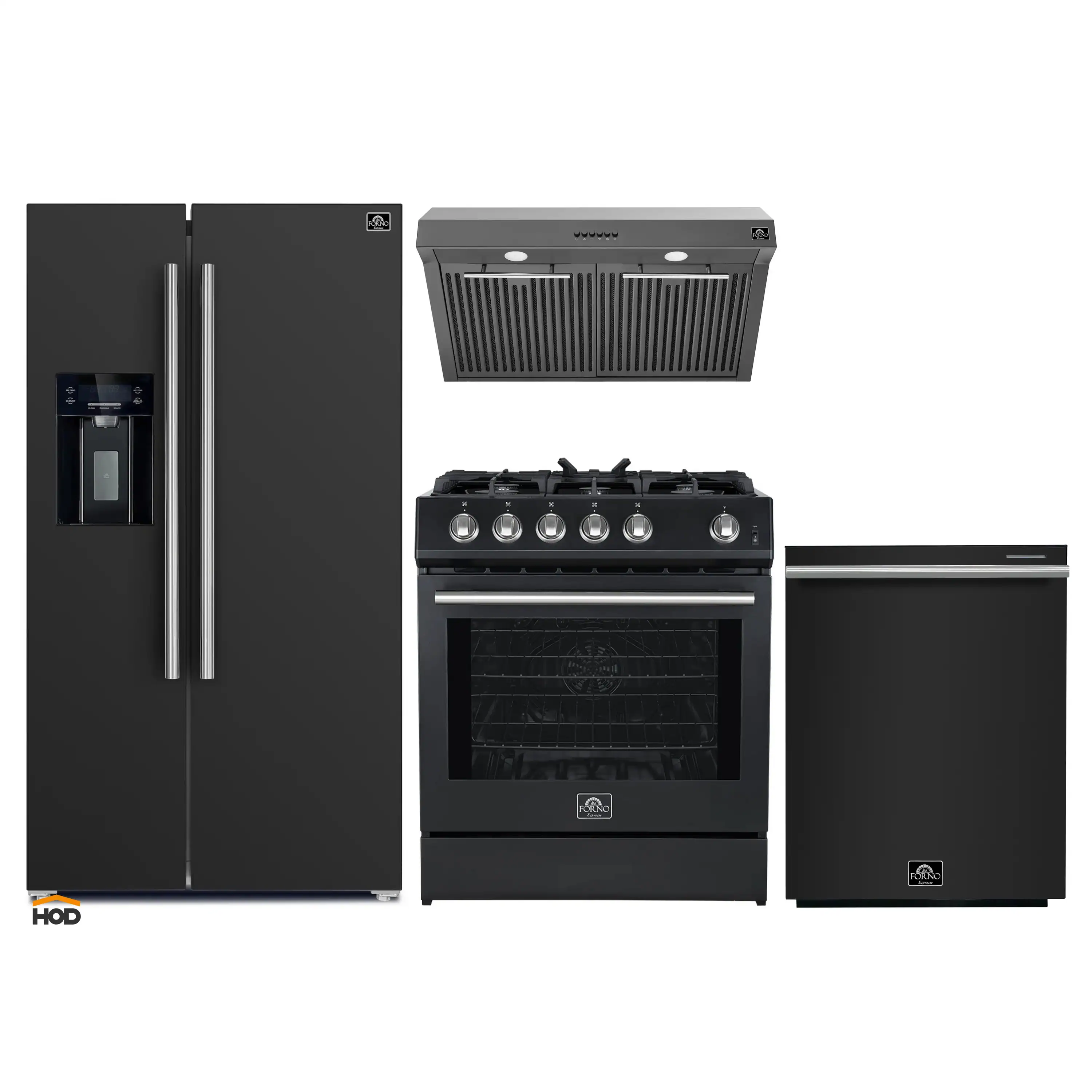 Forno 4-Piece Appliance Package - 30-Inch Gas Range, Under Cabinet Range Hood, Refrigerator with Water Dispenser, and Dishwasher in Black with Stainless Steel Trim