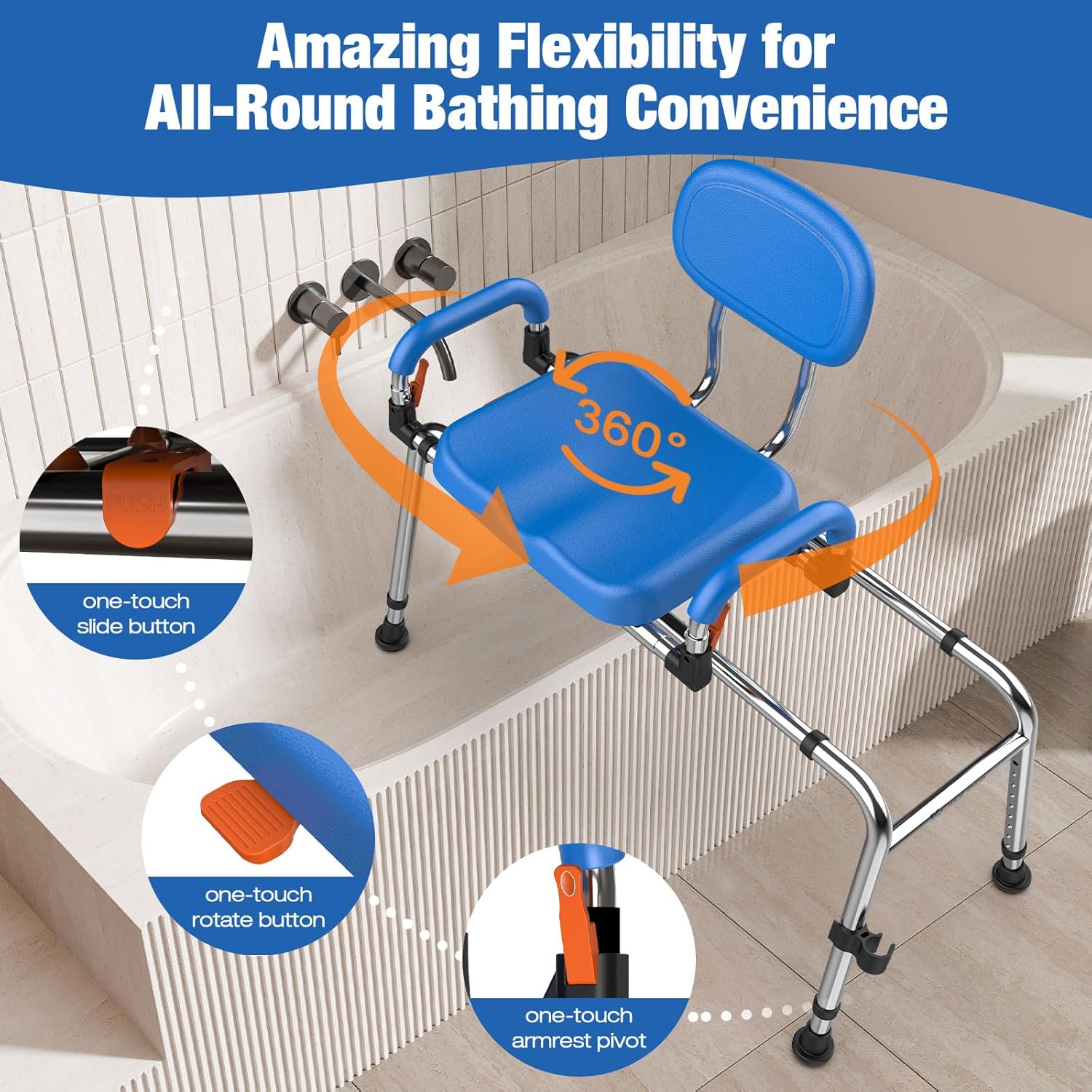 Sliding Shower Chair with Wide 360° Swivel Seat, 450lbs Tub Transfer Bench for Bathtub, Adjustable Height and Arms Width Shower Seat for Inside Shower, Shower Chair for Elderly and Disabled