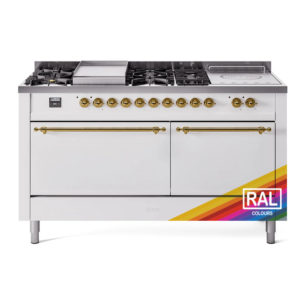ILVE Nostalgie II 60-Inch Dual Fuel Range with 7 Burners, Griddle, & French Top with Solid Door Oven in RAL with Brass Trim (UP60FSQNMPRAG)