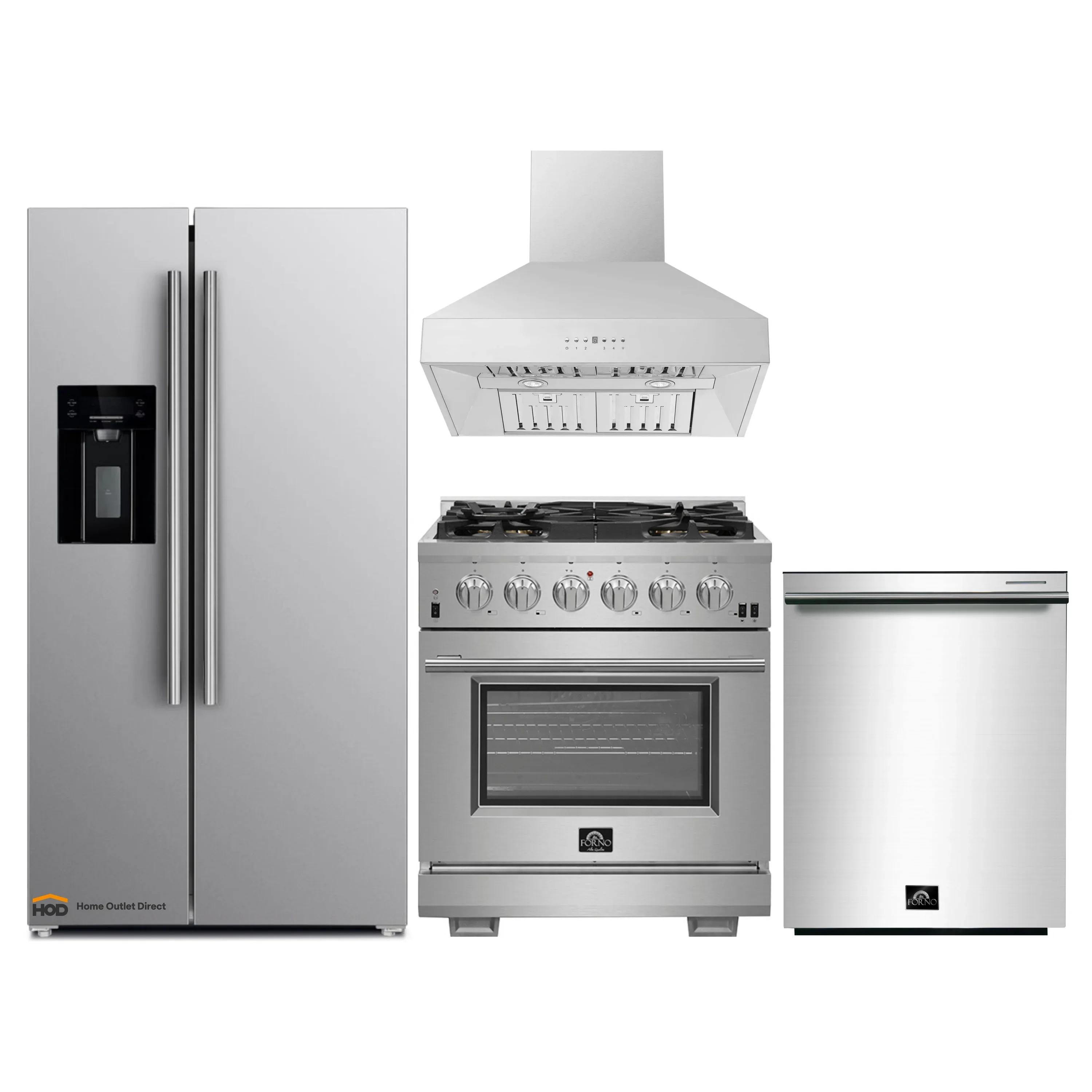Forno 4-Piece Pro Appliance Package - 30-Inch Gas Range, Refrigerator with Water Dispenser, Wall Mount Hood, & 3-Rack Dishwasher in Stainless Steel