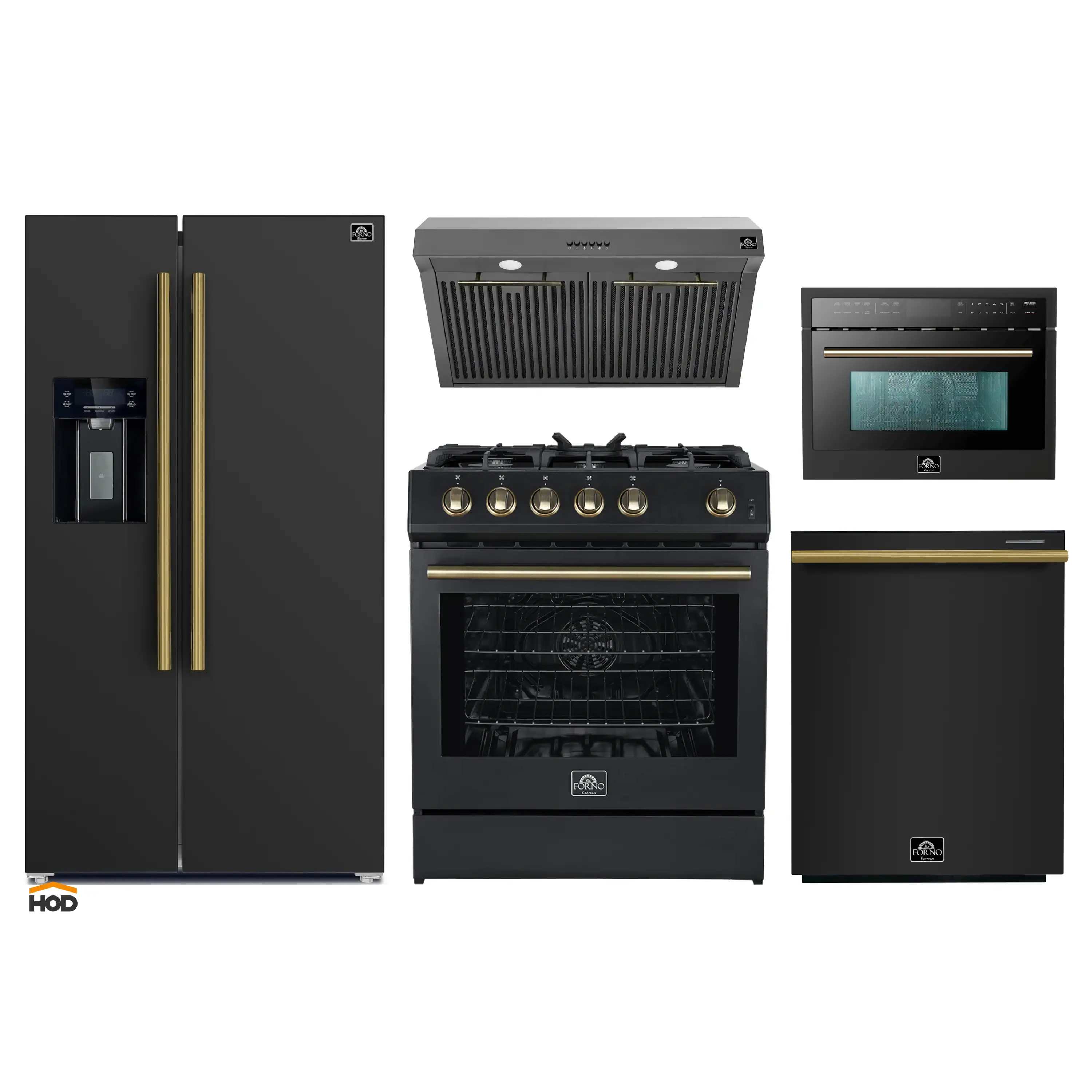 Forno 5-Piece Appliance Package - 30-Inch Gas Range, Under Cabinet Range Hood, Refrigerator with Water Dispenser, Dishwasher, and 24-Inch Microwave Oven in Black with Antique Brass Trim