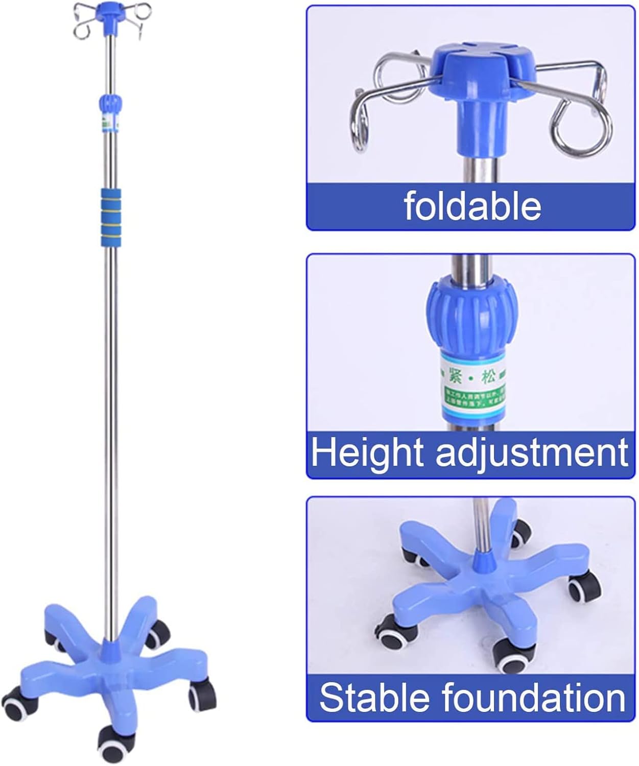 Adjustable Stainless Steel Infusion Stand, IV Drip Pole with 4 Hooks, Height Adjustable Medical Equipment for Hospital & Home Use