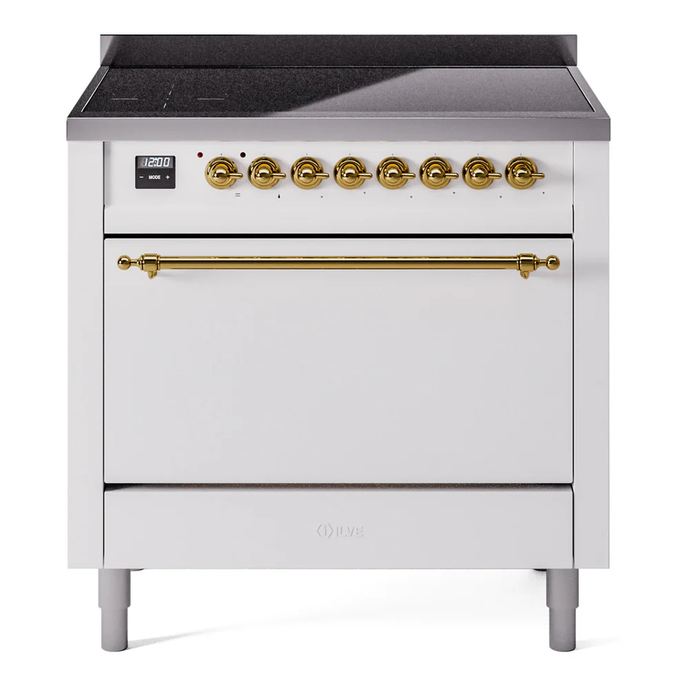 ILVE 36-Inch Nostalgie II Induction Range with Solid Door Oven in White with Brass Trim (UPI366QNMPWHG)