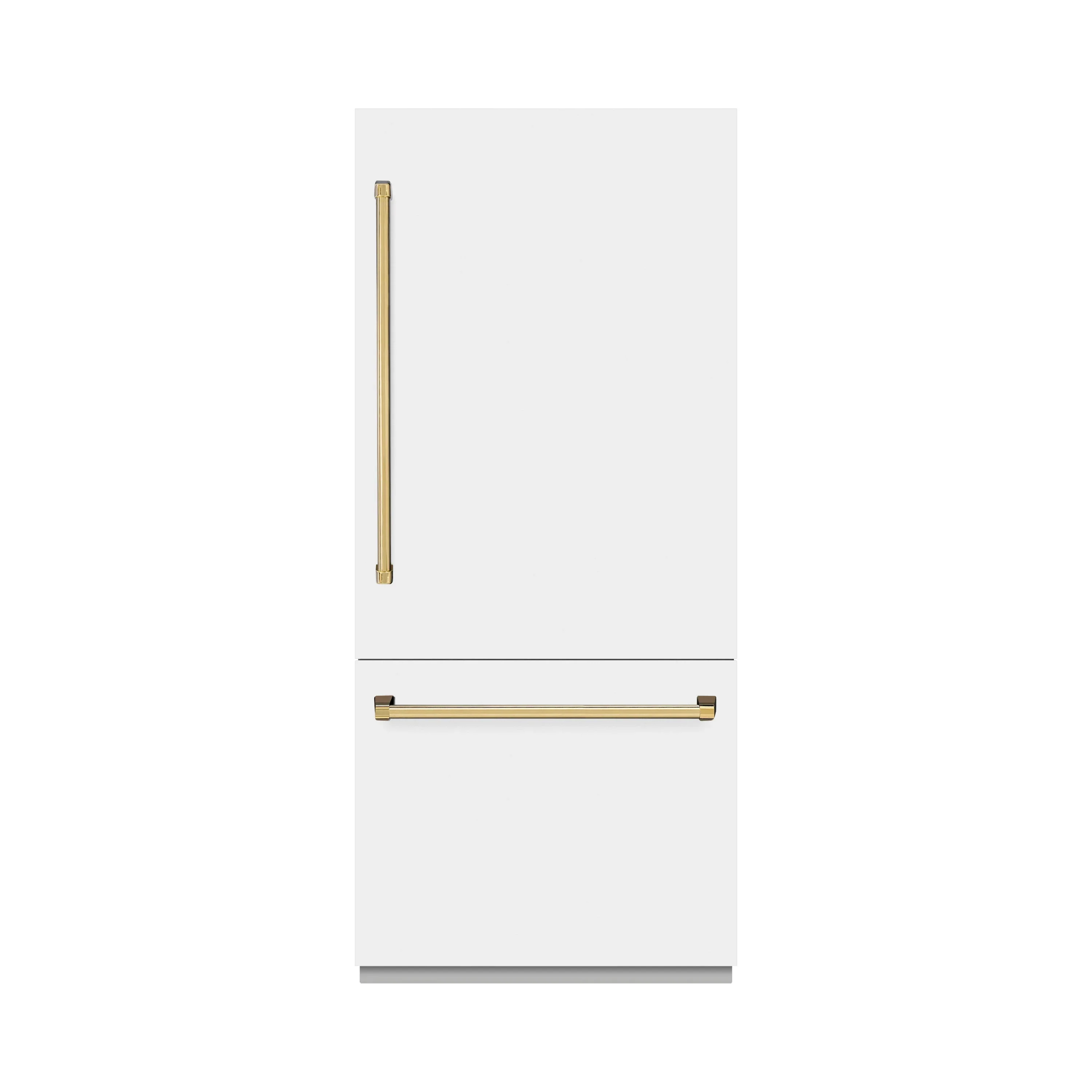 ZLINE Autograph Edition 36-Inch 19.8 Cu. Ft. Built-In Bottom Freezer Refrigerator with Water Dispenser and Ice Maker in White Matte and Polished Gold Accents (RBITZ-WM-36-G)