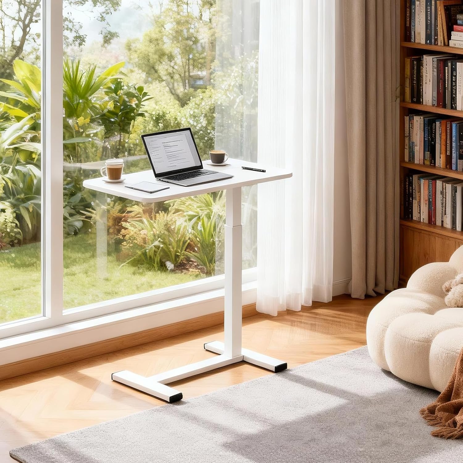 15.8''Wx31.5'D'x37.1''H Pneumatic Hospital Bed Table Adjustable End Table, Overbed Bedside Table with Wheels,Rolling Bedside Desk,Medical Desk Laptop Cart for Hospital Home Use,White