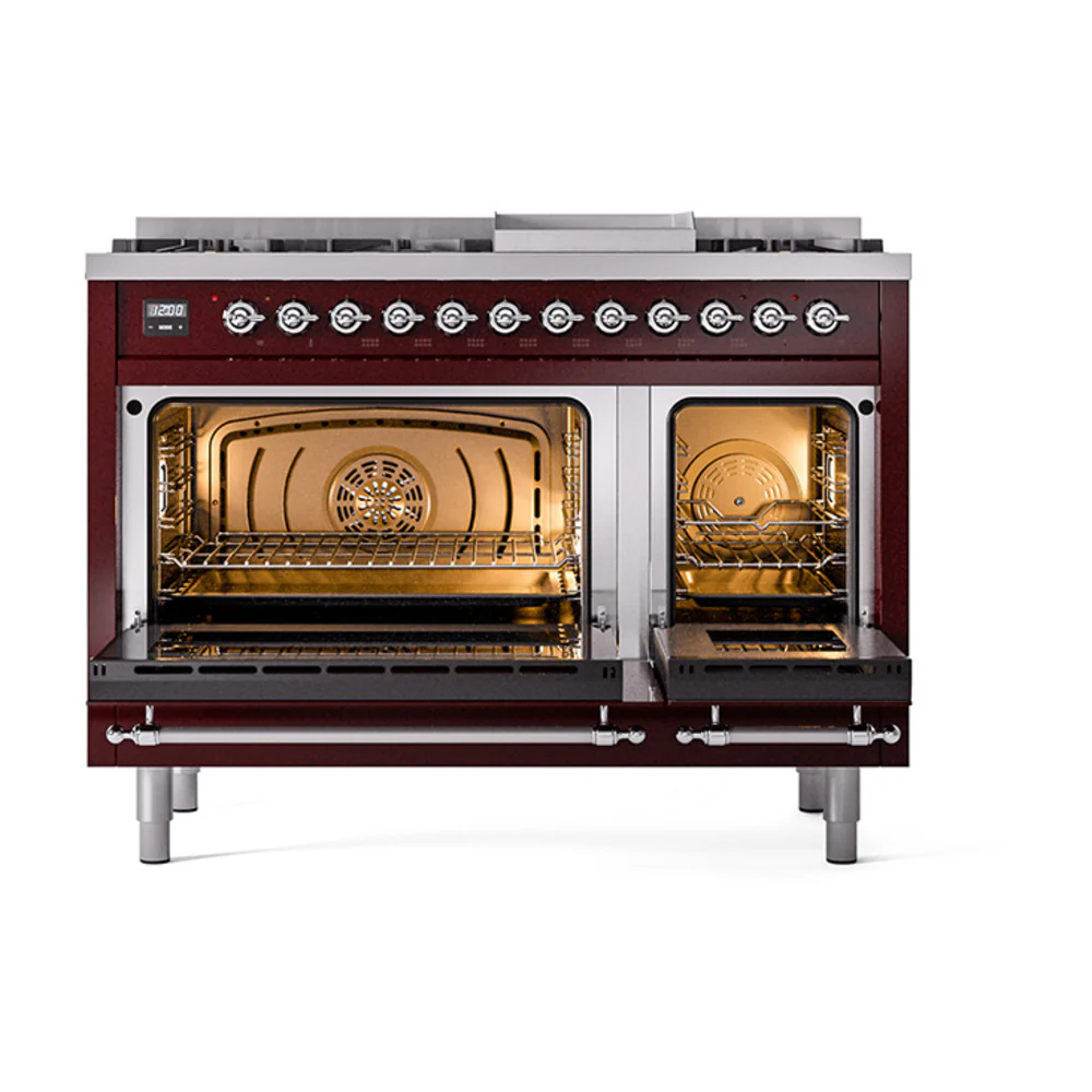 ILVE 48-Inch Nostalgie II Dual Fuel Range with 8 Burners, Griddle, and Solid Door Oven in Burgundy with Chrome Trim (UP48FQNMPBUC)