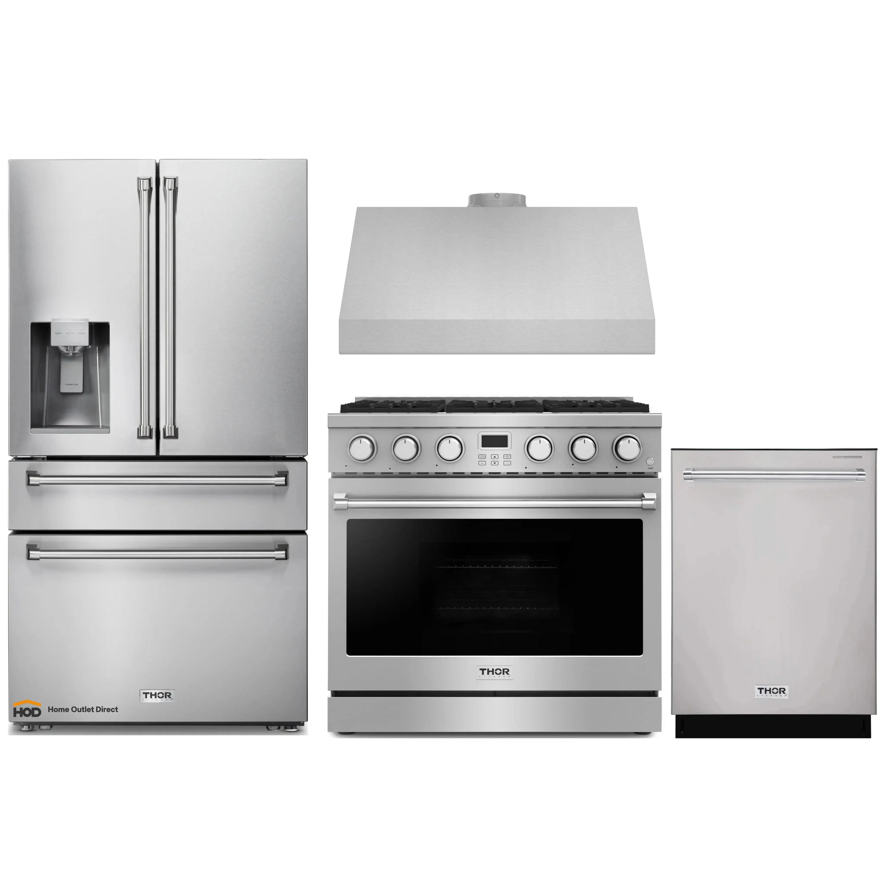 Thor Kitchen A-Series 4-Piece Appliance Package - 36-Inch Gas Range, Under Cabinet Range Hood, Refrigerator with Water Dispenser, and Dishwasher in Stainless Steel