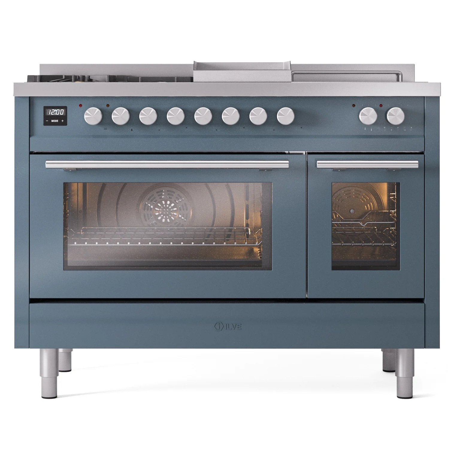 ILVE Professional Plus II 48-inch Dual Fuel Range with 5 Burners, Griddle, & French Top with Triple Glass Door Oven in Blue Grey (UP48FSWMPBG)