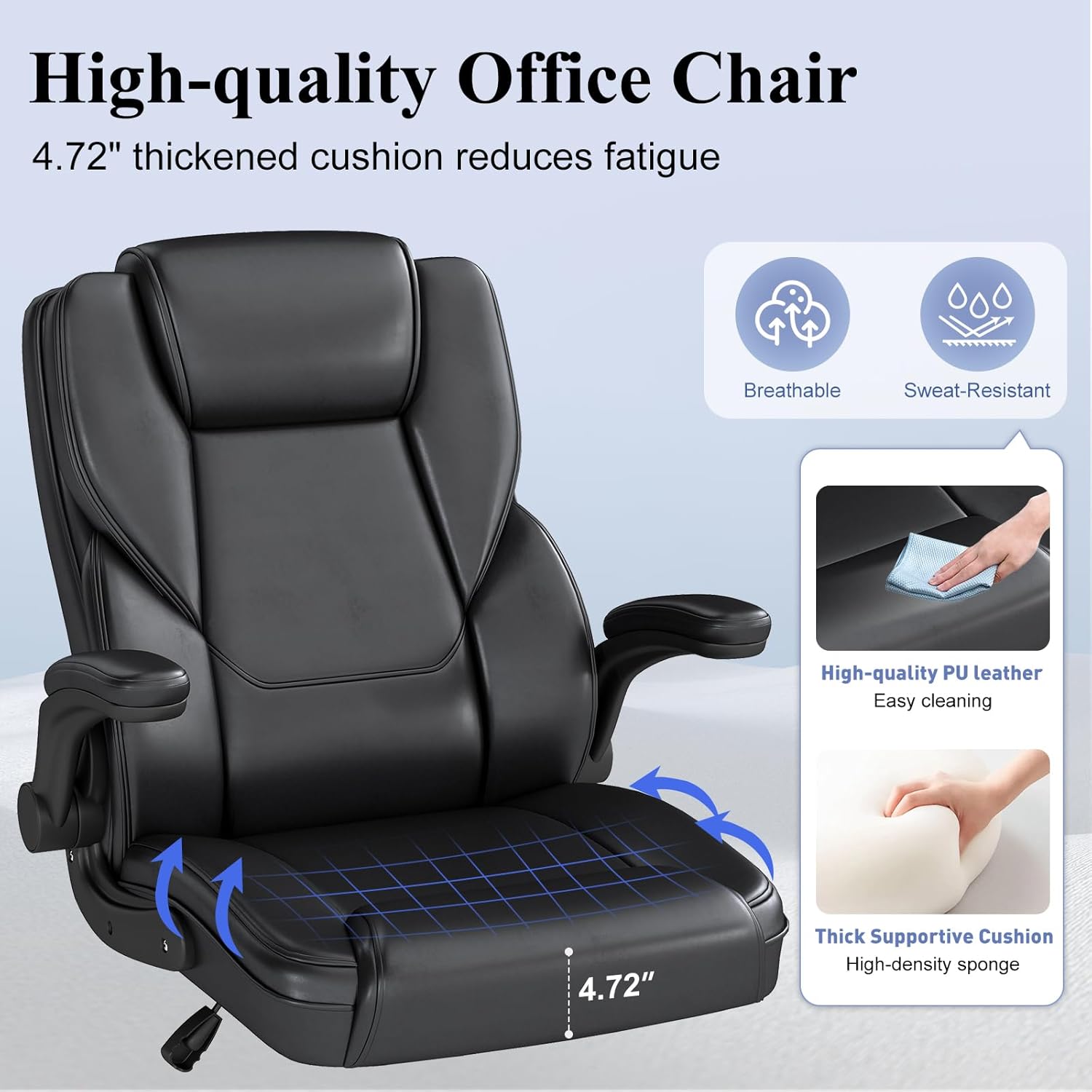ZZH Ergonomic Executive Office Chair, Mid Back PU Leather Computer Desk Chair with Flip-Up Armrests, Lumbar Support, Adjustable Height and Rocking Function, 1PC, Black