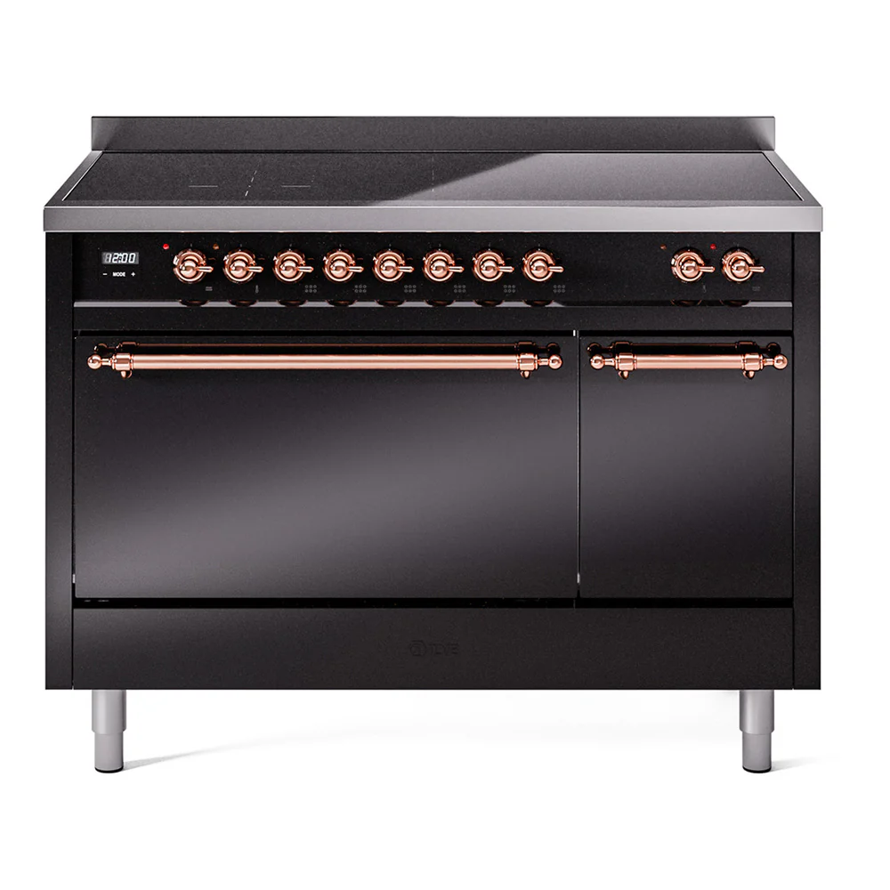 ILVE 48-Inch Nostalgie II Induction Range with Solid Door Oven in Glossy Black with Copper Trim (UPI486QNMPBKP)