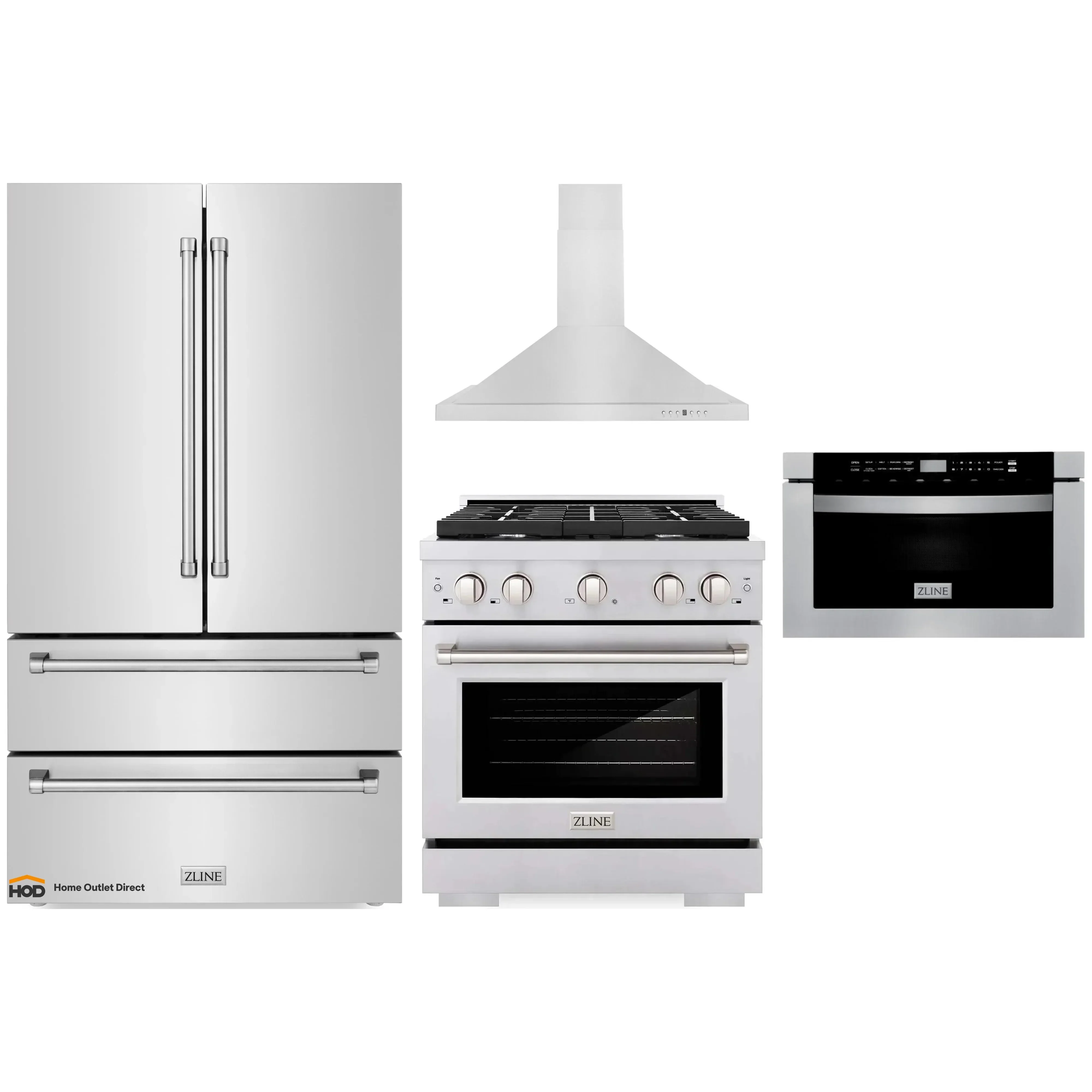 ZLINE 4-Piece Appliance Package - 30-Inch Gas Range, Refrigerator, Convertible Wall Mount Hood, and Microwave Drawer in Stainless Steel (4KPR-SGRRH30-MW)
