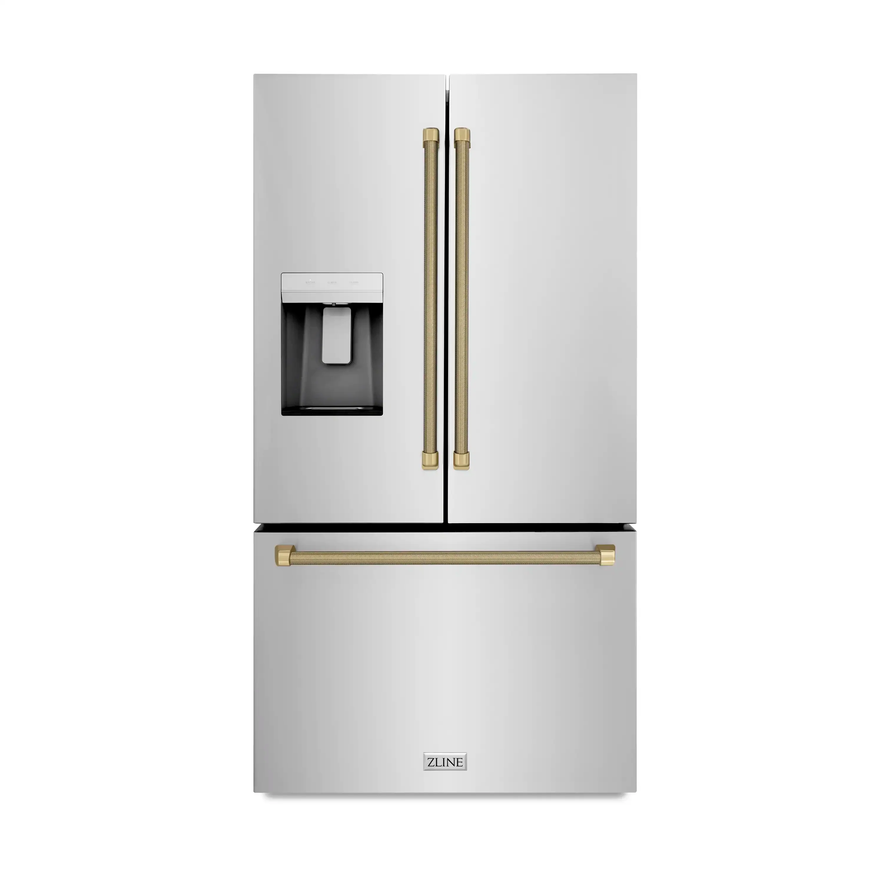 ZLINE Autograph 36-Inch Standard-Depth French Door Refigerator with External Water Dispenser & Dual Ice Maker in Stainless Steel with Bronze Helix Handles (RSMZ-W-36-KCB)