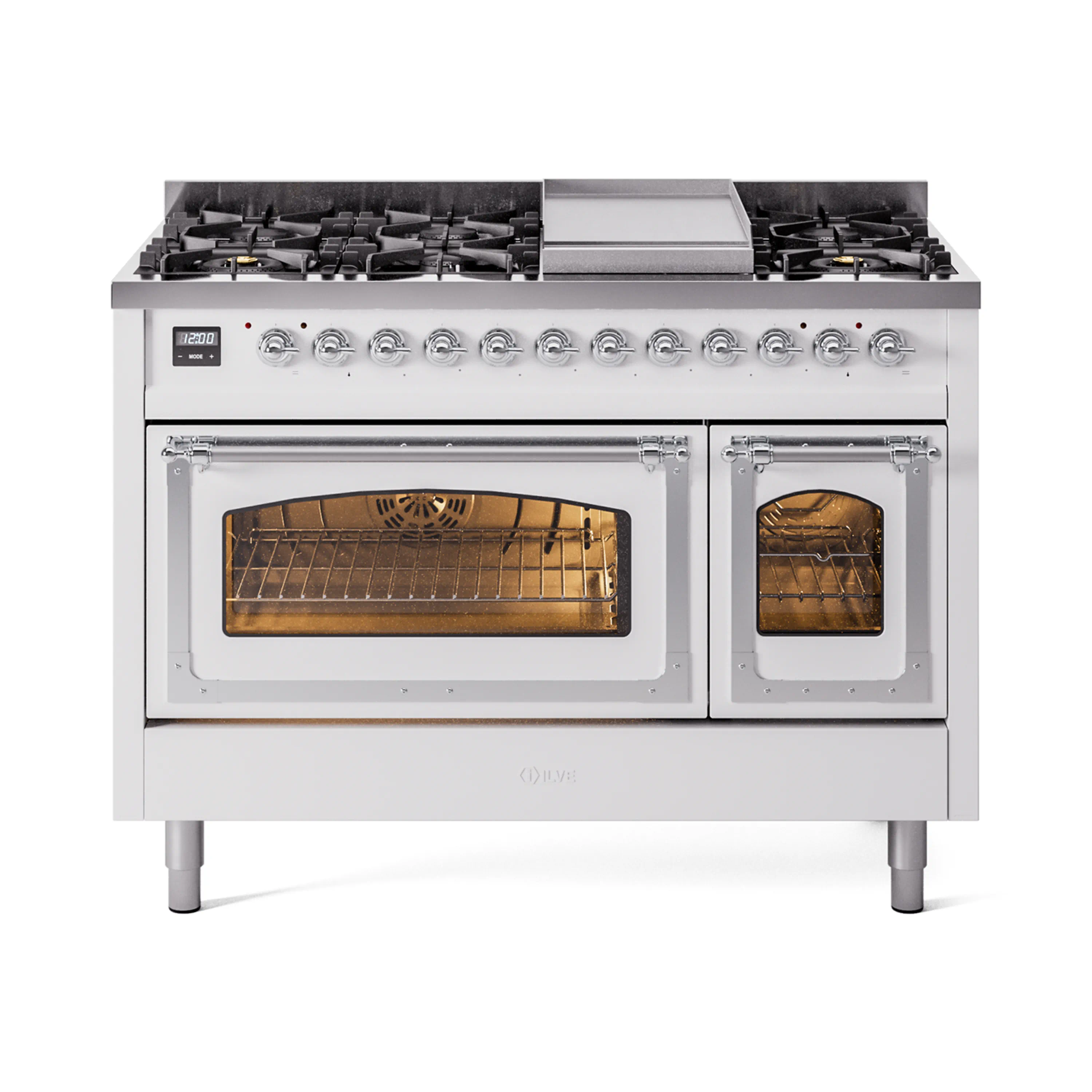 ILVE Nostalgie II Noblesse 48-Inch Dual Fuel Freestanding Range in White with Chrome Trim (UN48FNMPWHC)